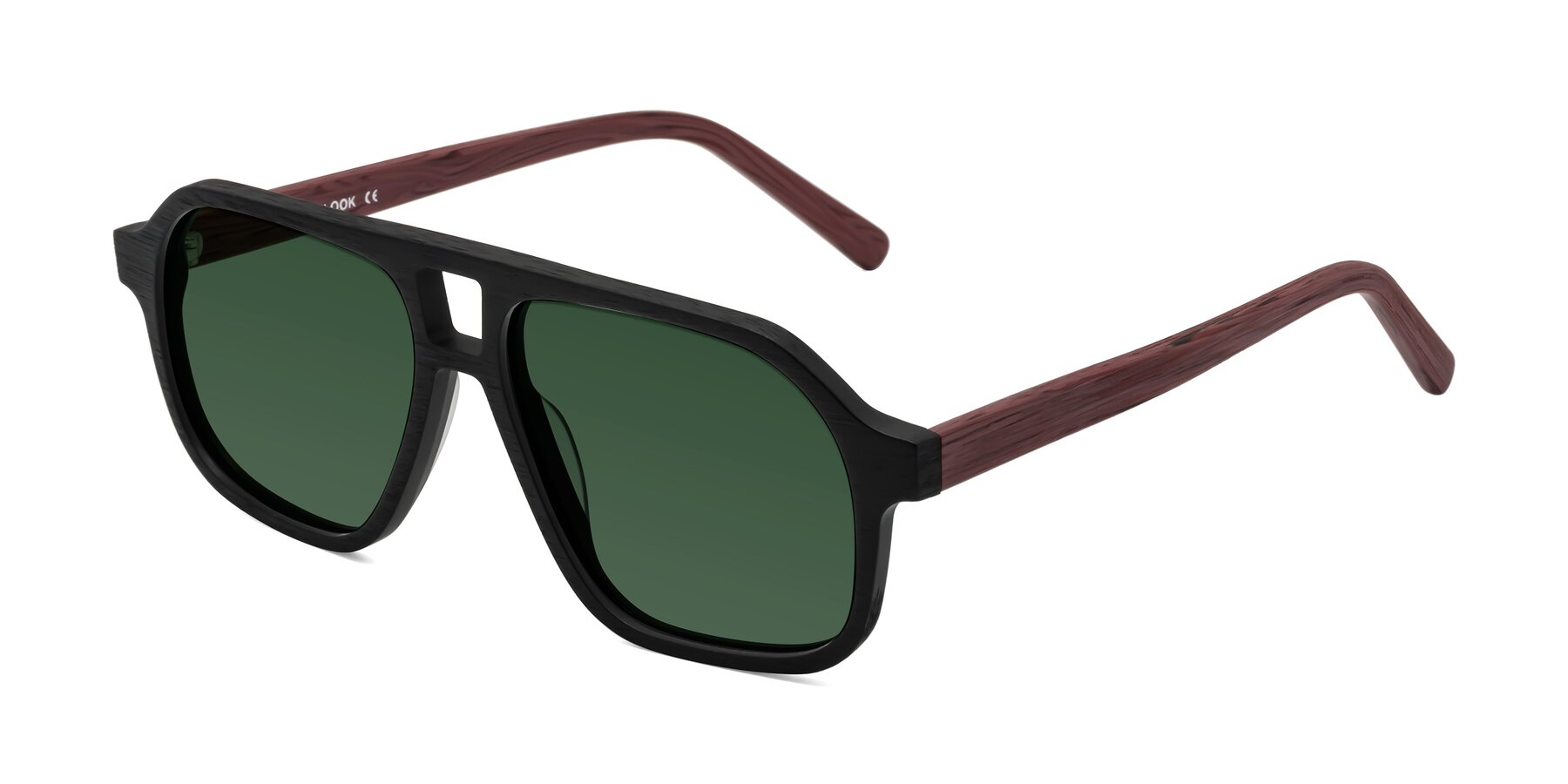 Angle of Edwood in Black-Burgundy Woodgrain with Green Tinted Lenses