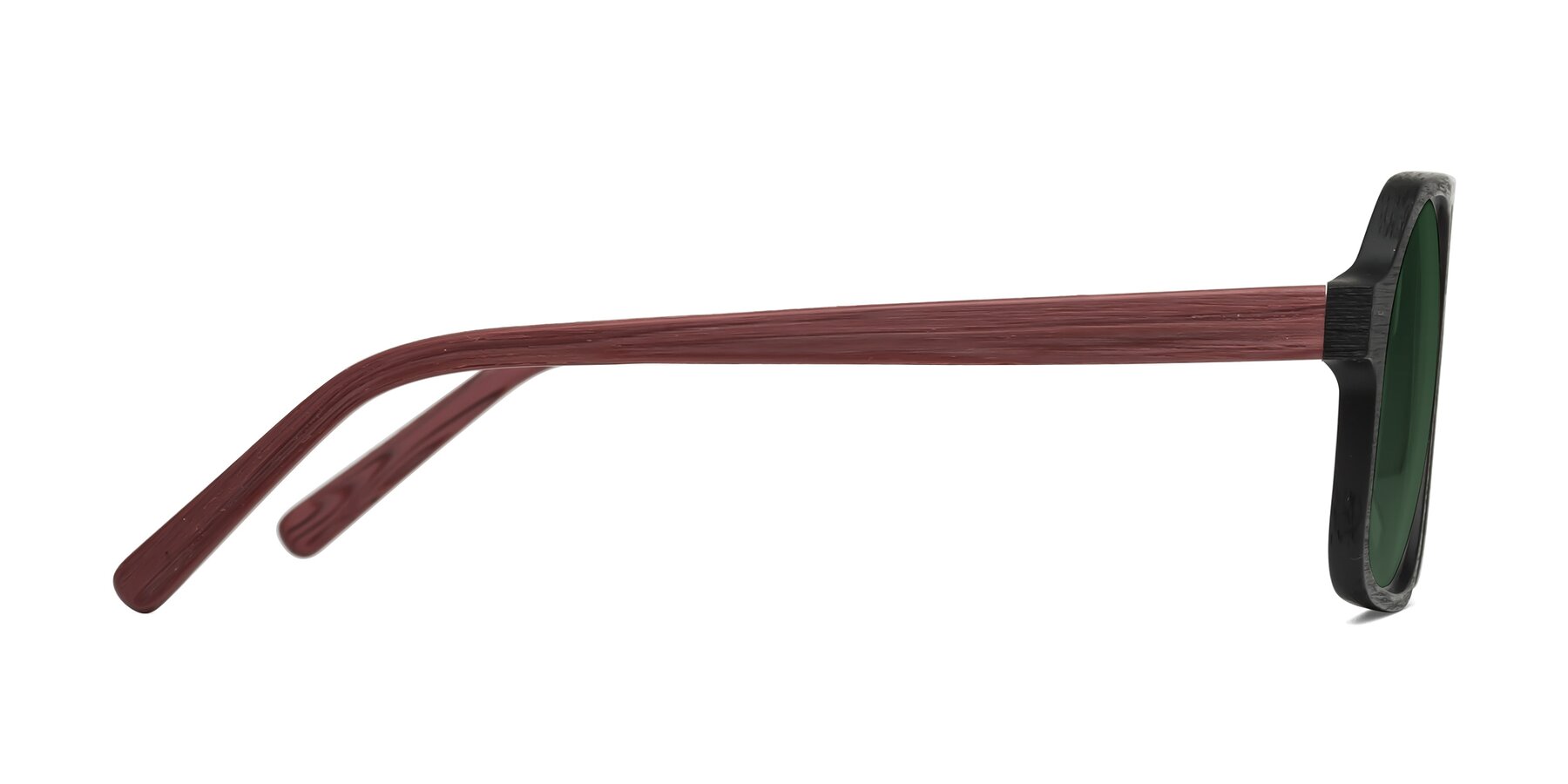 Side of Edwood in Black-Burgundy Woodgrain with Green Tinted Lenses