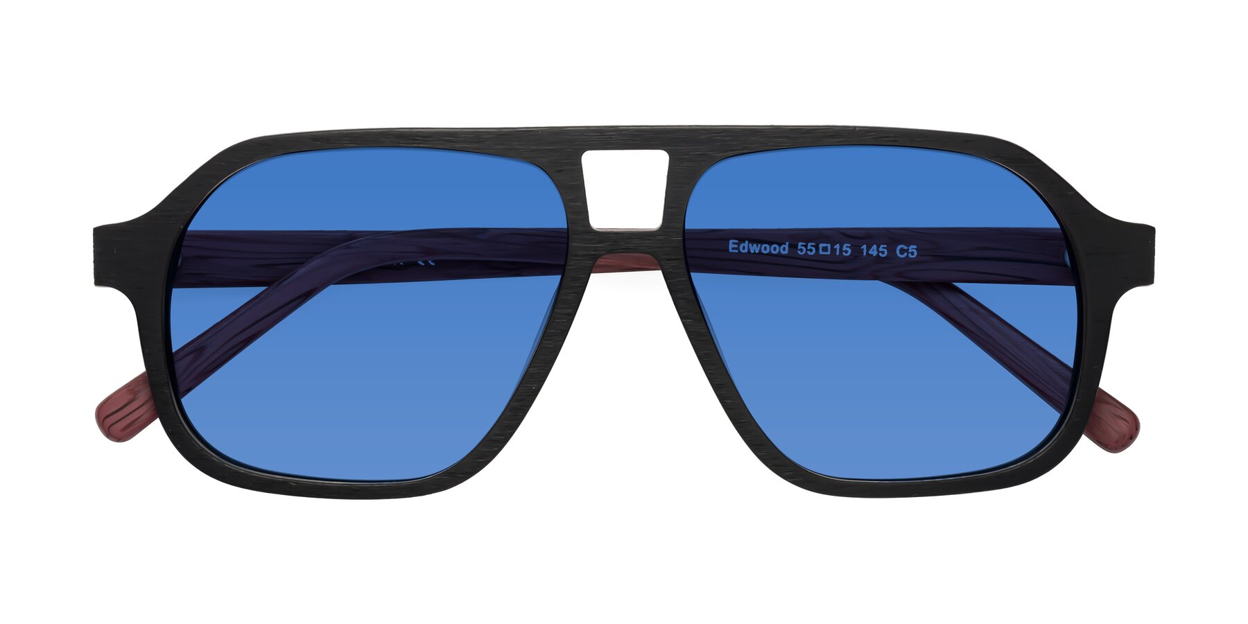 Folded Front of Edwood in Black-Burgundy Woodgrain with Blue Tinted Lenses