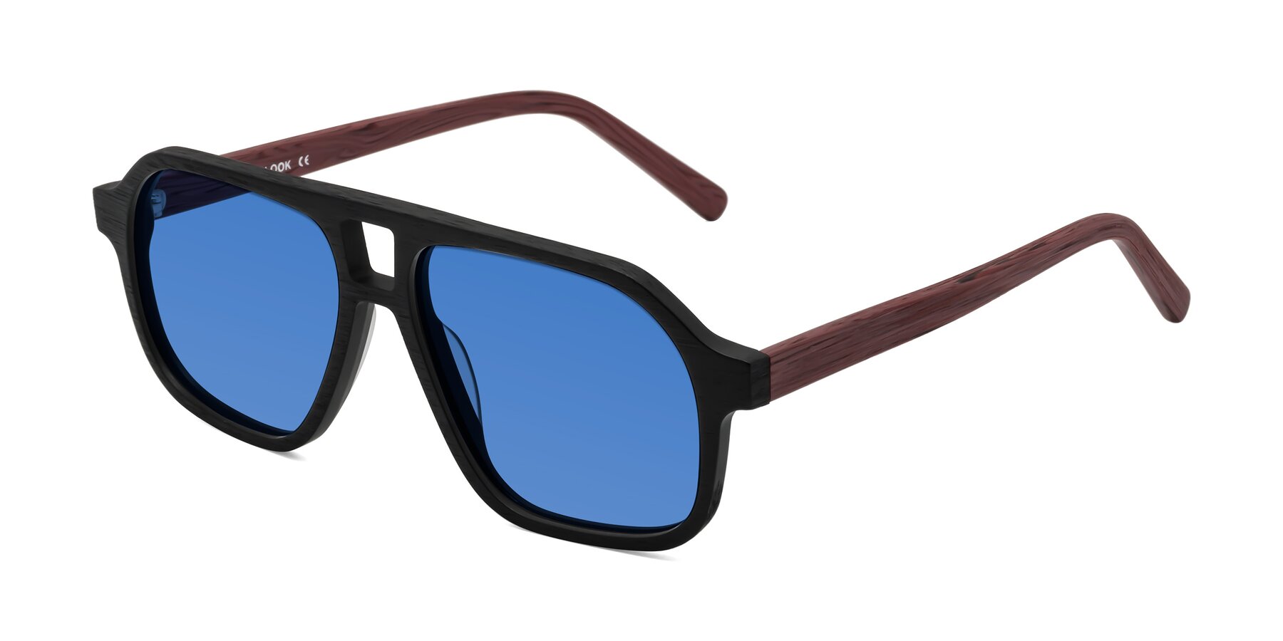 Angle of Edwood in Black-Burgundy Woodgrain with Blue Tinted Lenses