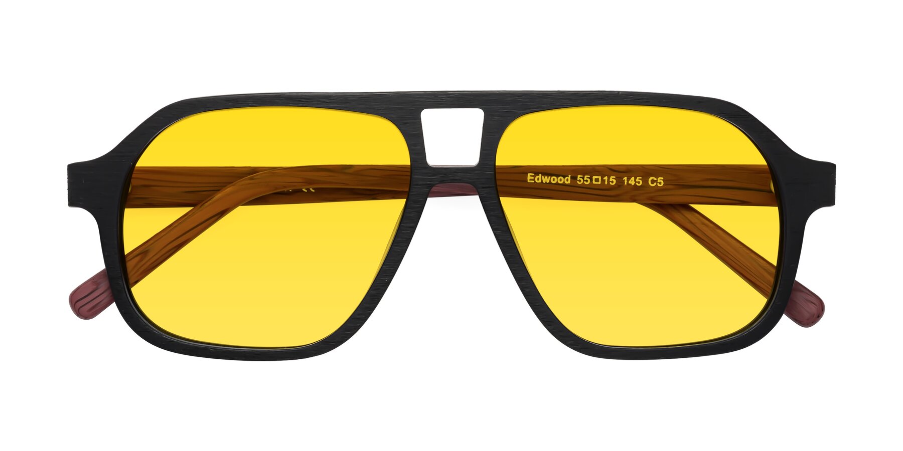 Folded Front of Edwood in Black-Burgundy Woodgrain with Yellow Tinted Lenses