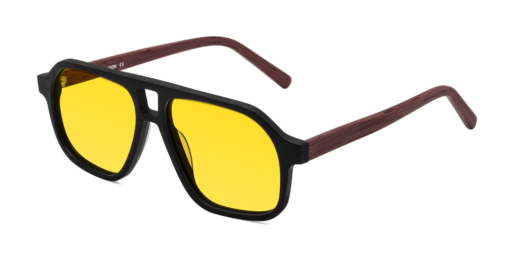 Angle of Edwood in Black-Burgundy Woodgrain with Yellow Tinted Lenses