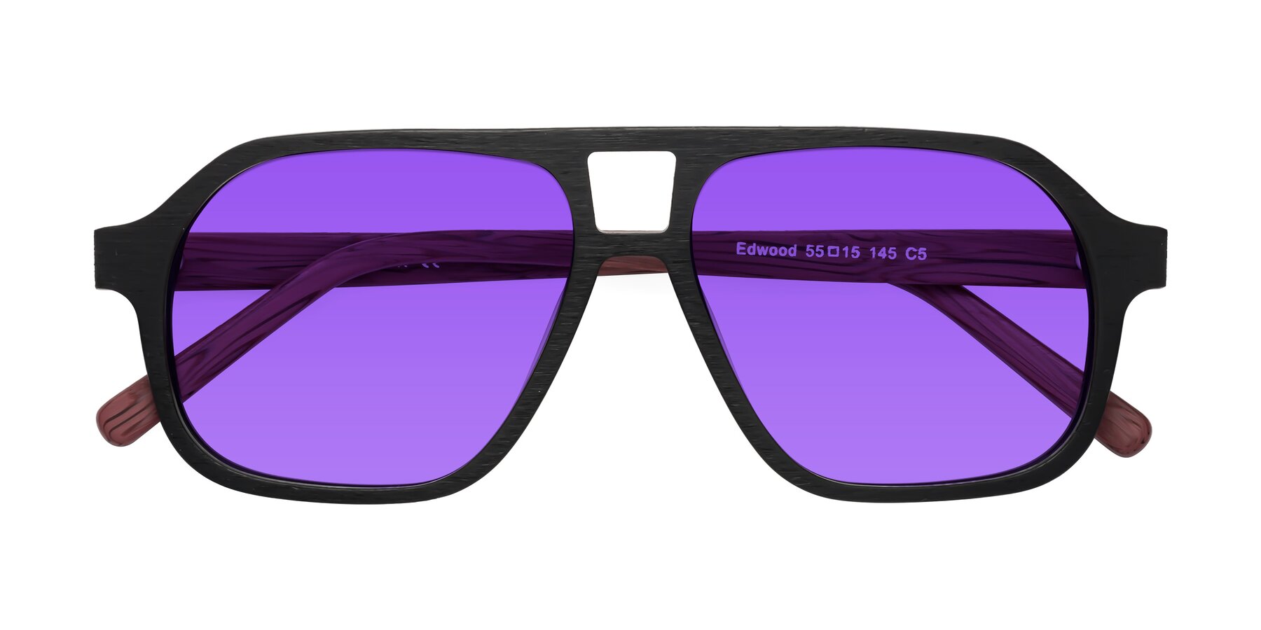 Folded Front of Edwood in Black-Burgundy Woodgrain with Purple Tinted Lenses