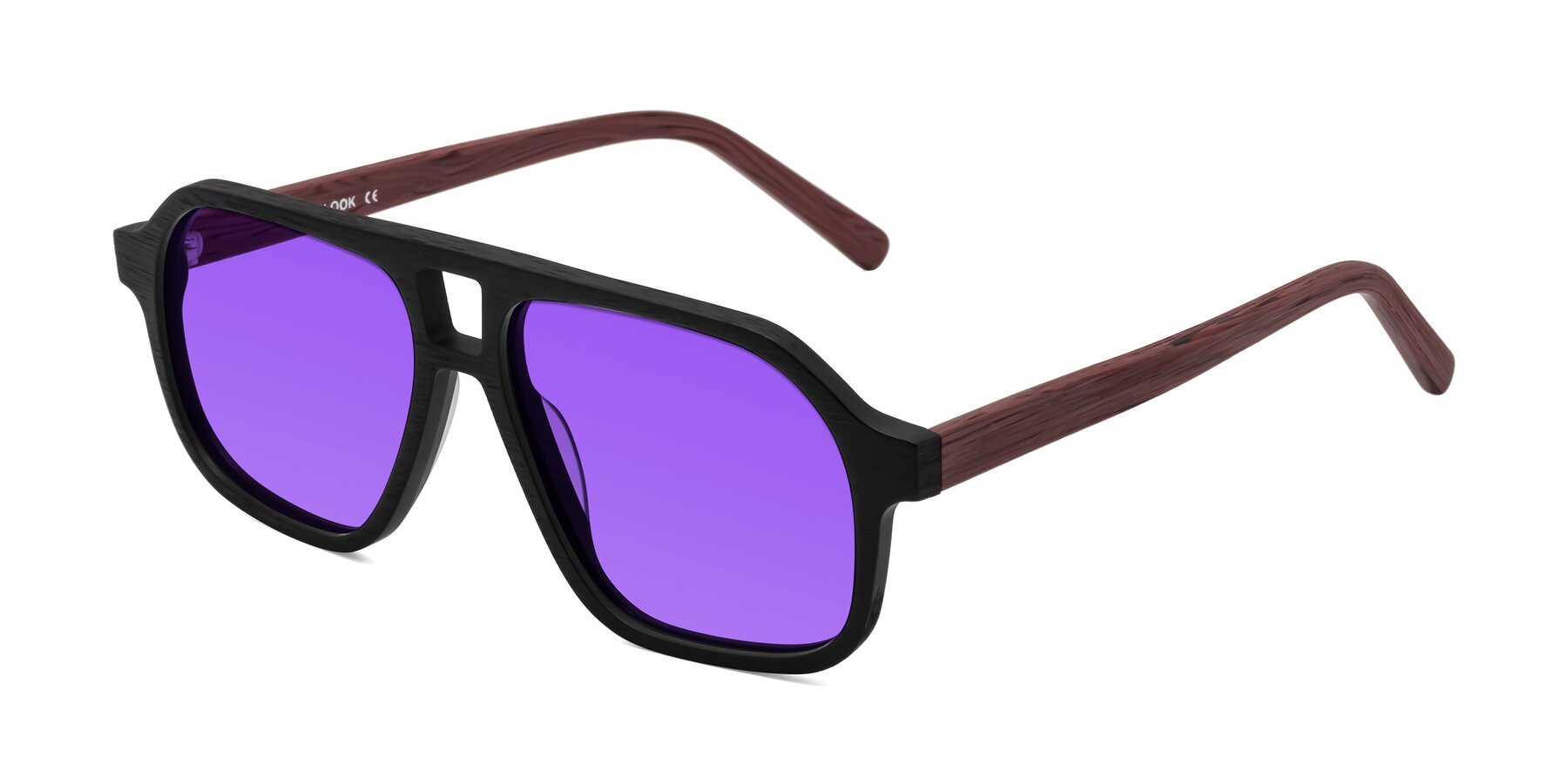 Angle of Edwood in Black-Burgundy Woodgrain with Purple Tinted Lenses