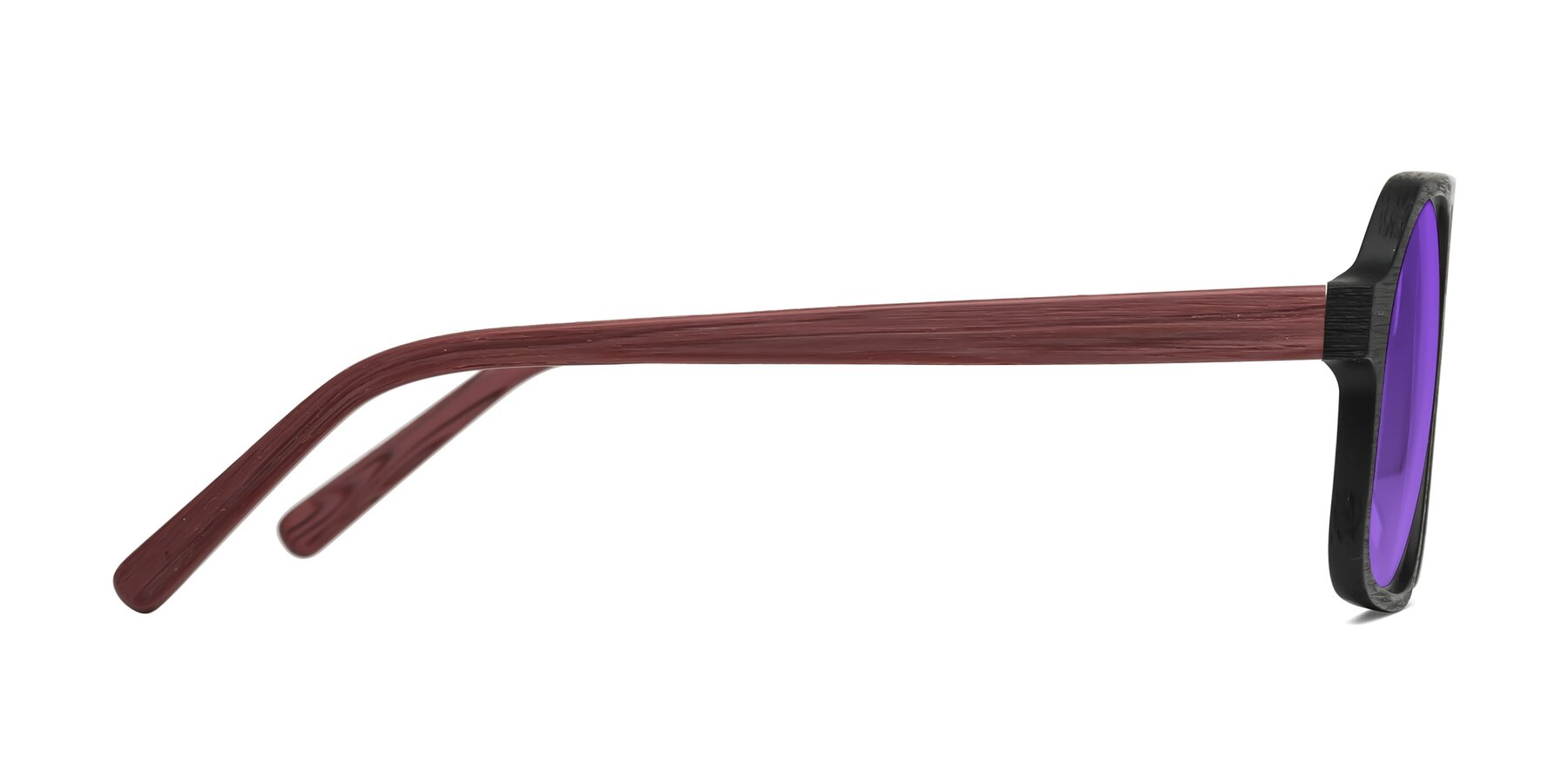 Side of Edwood in Black-Burgundy Woodgrain with Purple Tinted Lenses