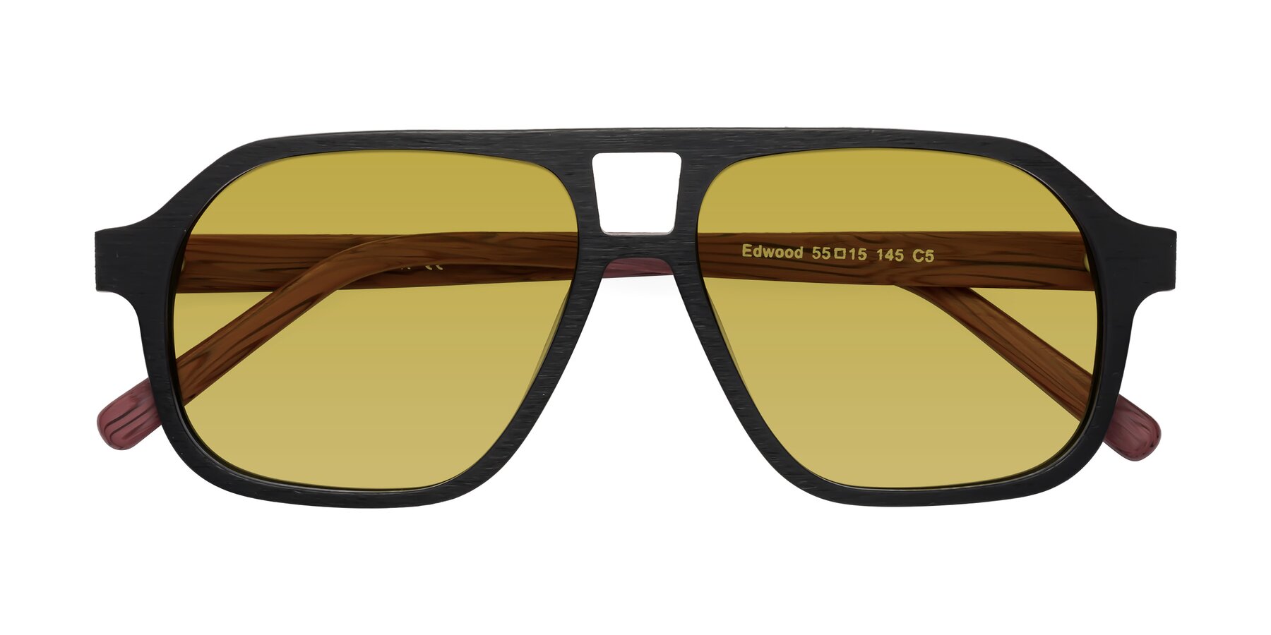 Folded Front of Edwood in Black-Burgundy Woodgrain with Champagne Tinted Lenses