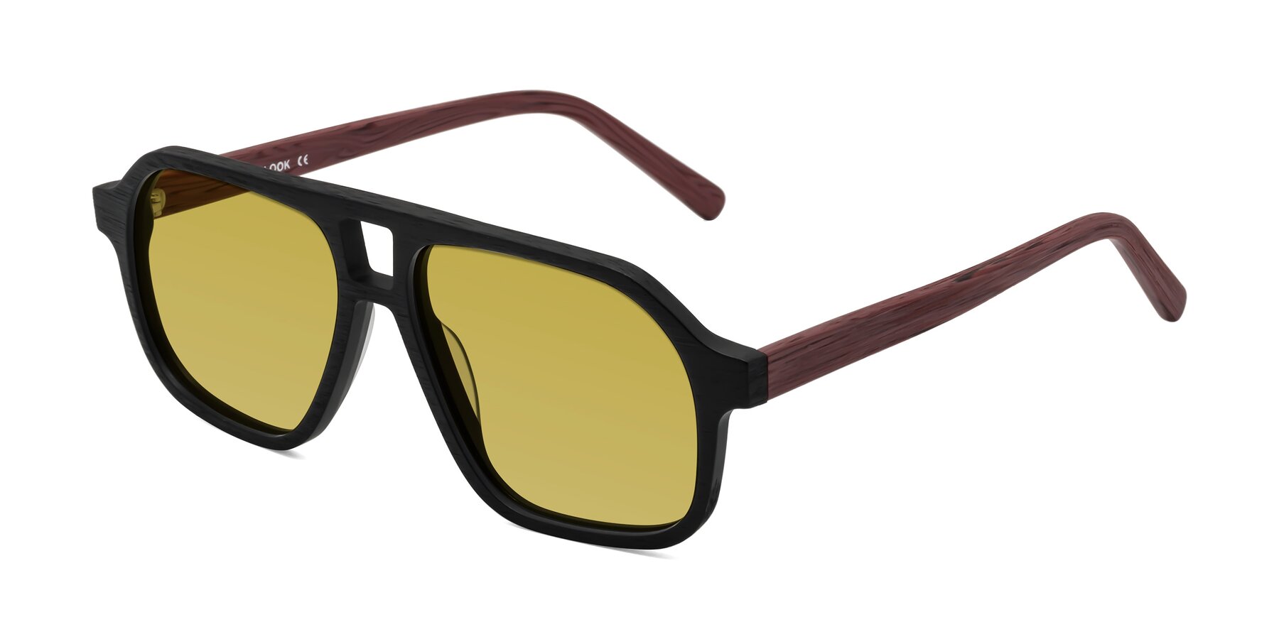 Angle of Edwood in Black-Burgundy Woodgrain with Champagne Tinted Lenses