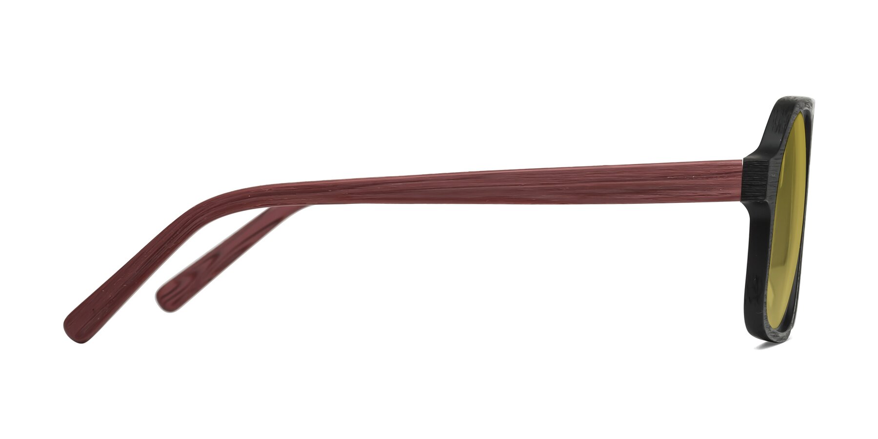 Side of Edwood in Black-Burgundy Woodgrain with Champagne Tinted Lenses