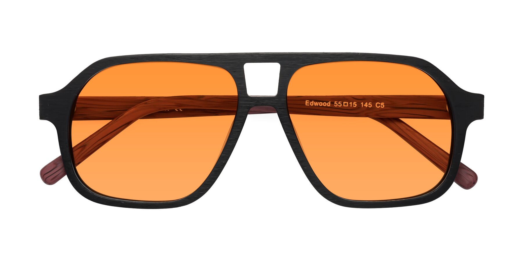 Folded Front of Edwood in Black-Burgundy Woodgrain with Orange Tinted Lenses