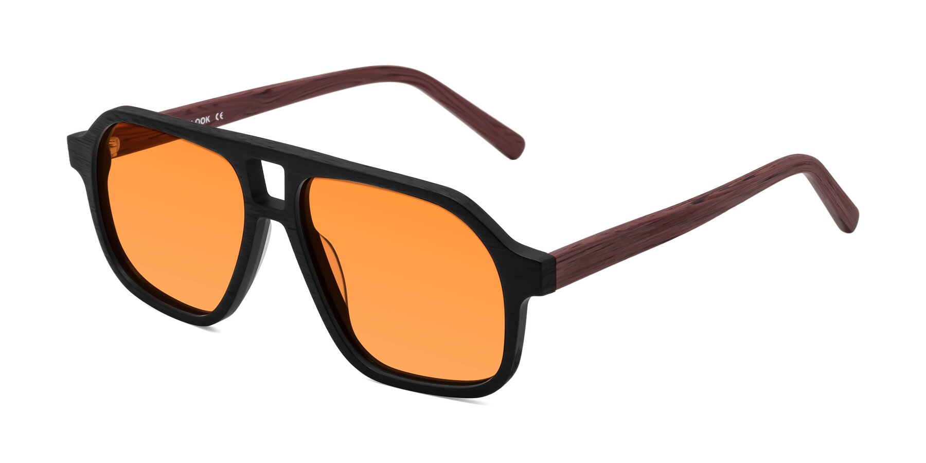 Angle of Edwood in Black-Burgundy Woodgrain with Orange Tinted Lenses