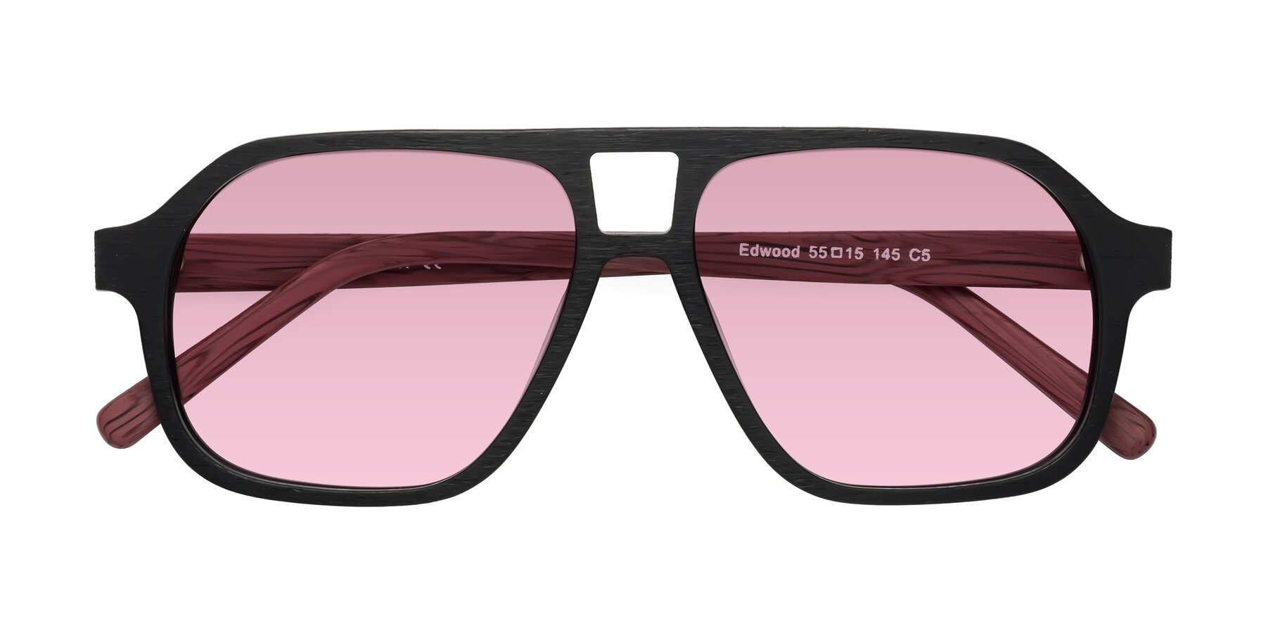 Folded Front of Edwood in Black-Burgundy Woodgrain with Light Wine Tinted Lenses