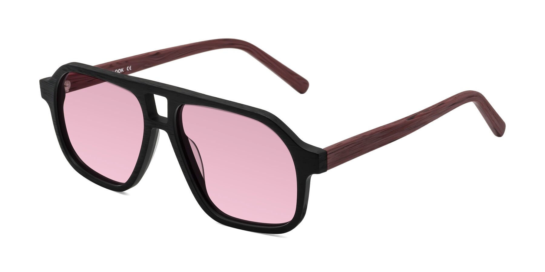 Angle of Edwood in Black-Burgundy Woodgrain with Light Wine Tinted Lenses