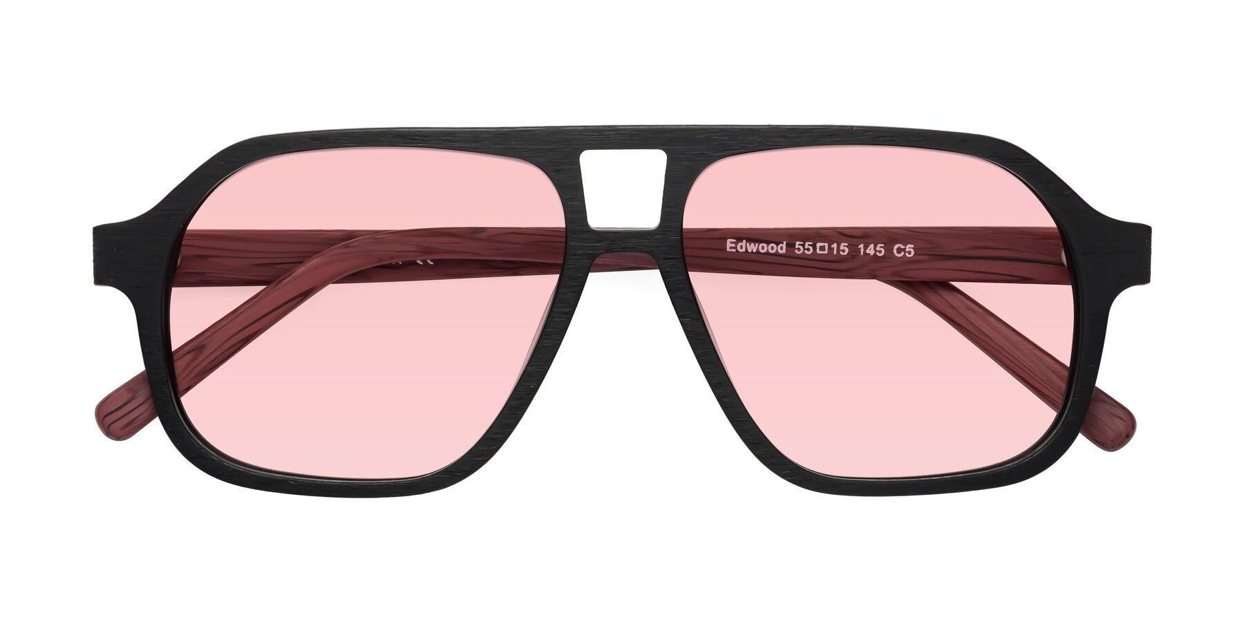 Folded Front of Edwood in Black-Burgundy Woodgrain with Light Garnet Tinted Lenses