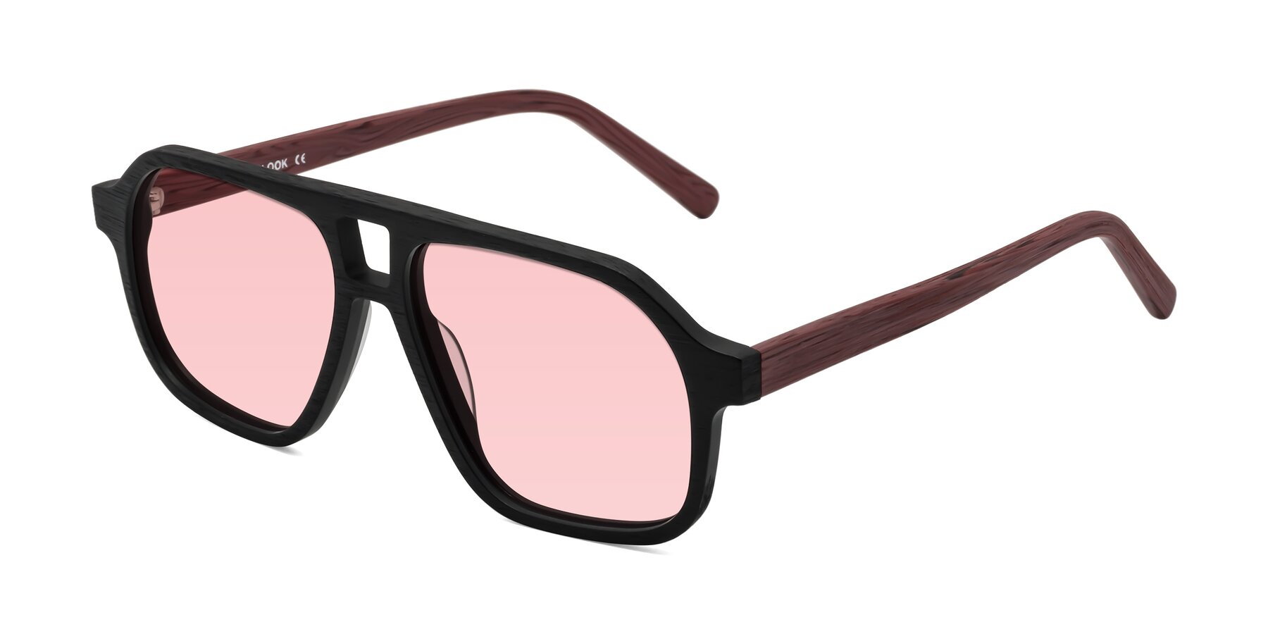 Angle of Edwood in Black-Burgundy Woodgrain with Light Garnet Tinted Lenses