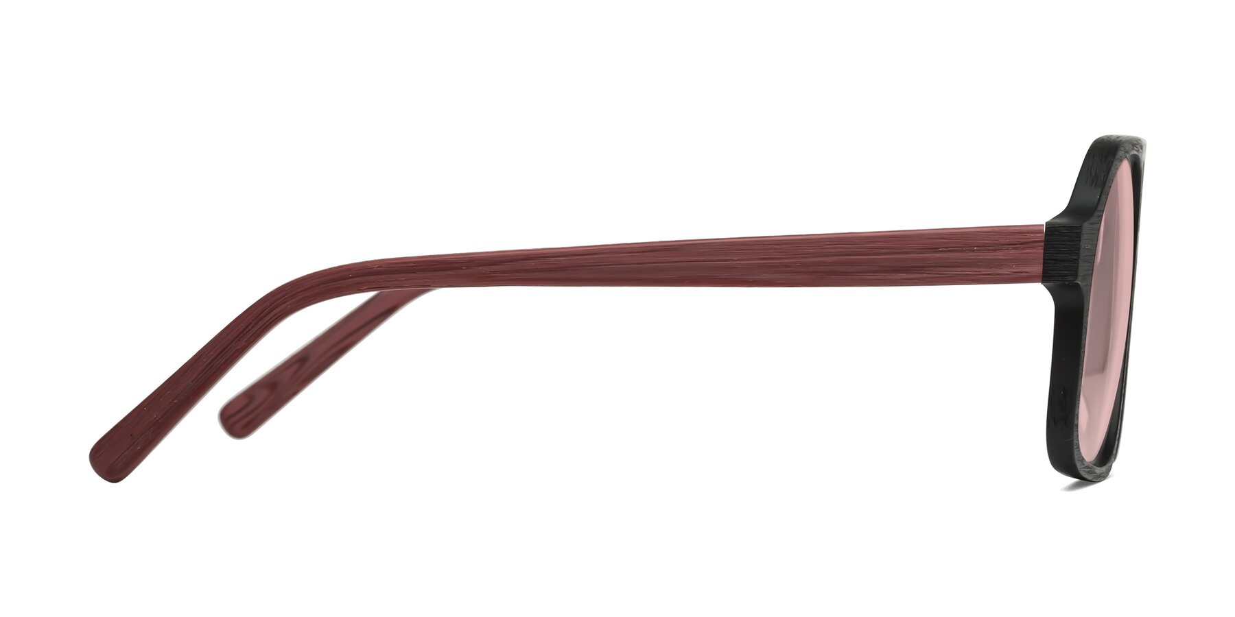 Side of Edwood in Black-Burgundy Woodgrain with Light Garnet Tinted Lenses