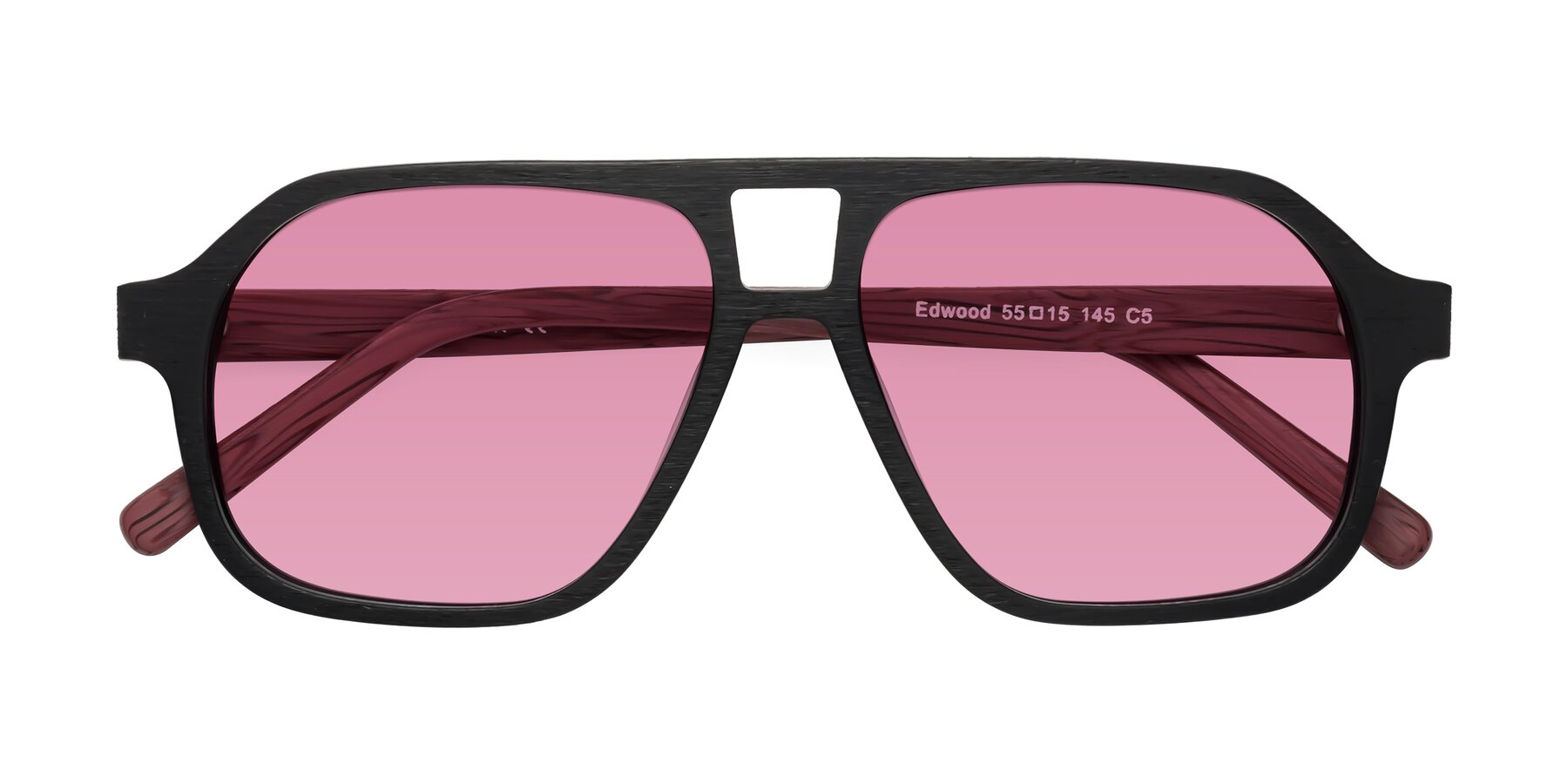 Folded Front of Edwood in Black-Burgundy Woodgrain with Medium Wine Tinted Lenses