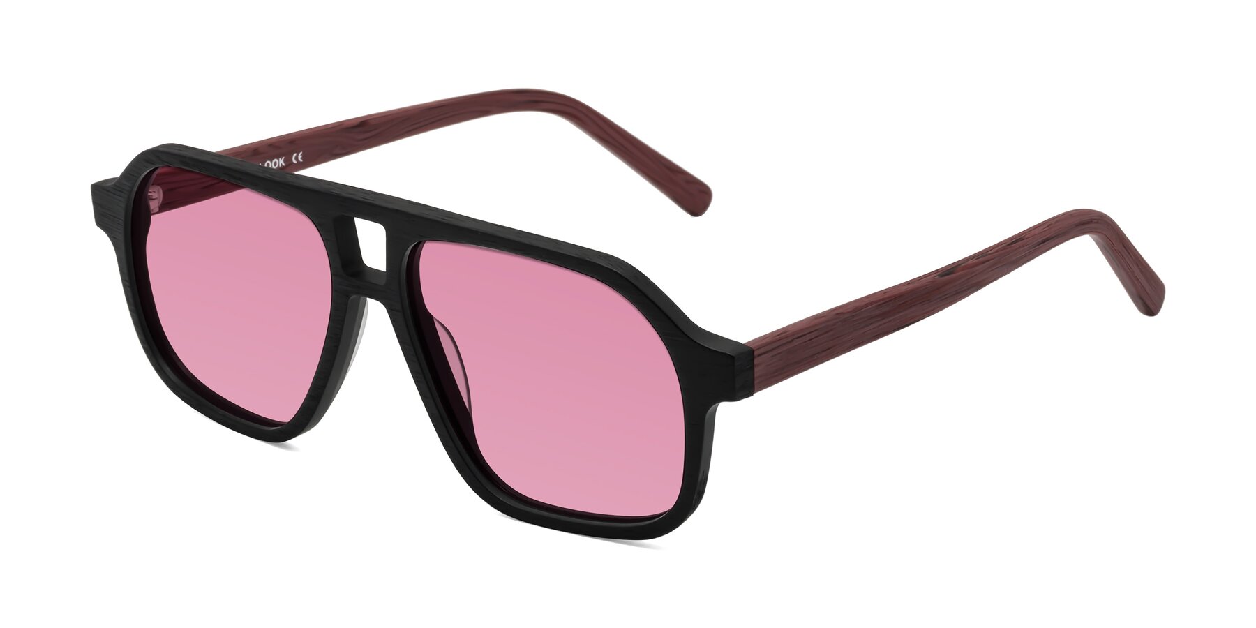 Angle of Edwood in Black-Burgundy Woodgrain with Medium Wine Tinted Lenses