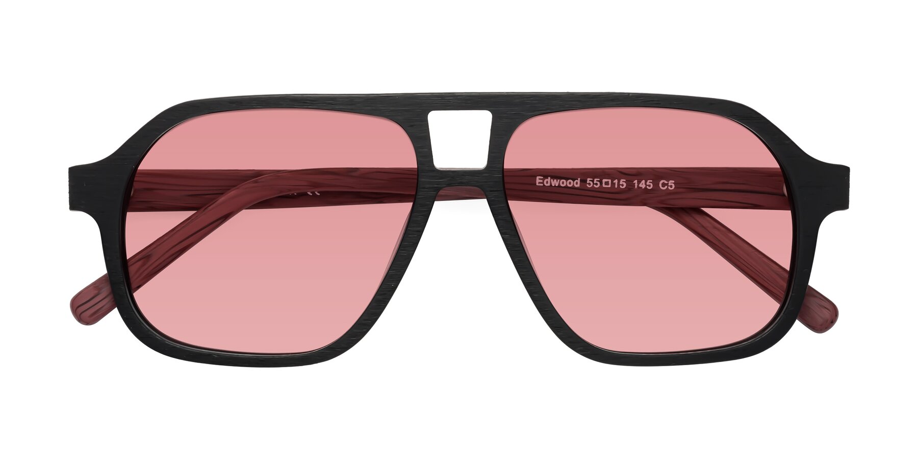 Folded Front of Edwood in Black-Burgundy Woodgrain with Medium Garnet Tinted Lenses