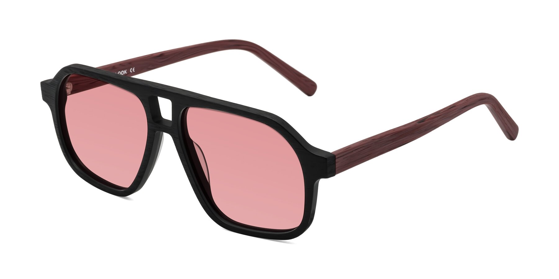 Angle of Edwood in Black-Burgundy Woodgrain with Medium Garnet Tinted Lenses