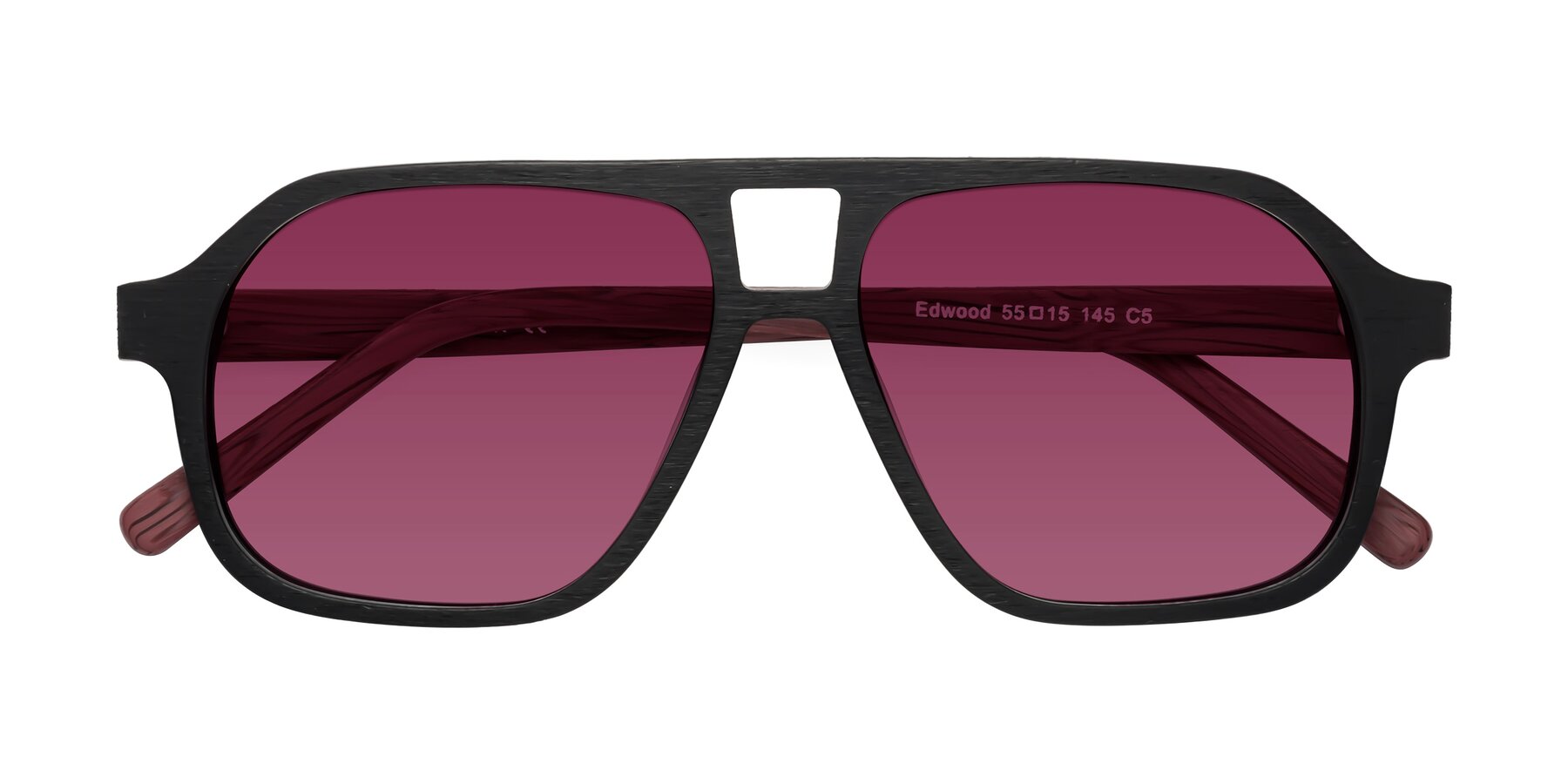 Folded Front of Edwood in Black-Burgundy Woodgrain with Wine Tinted Lenses