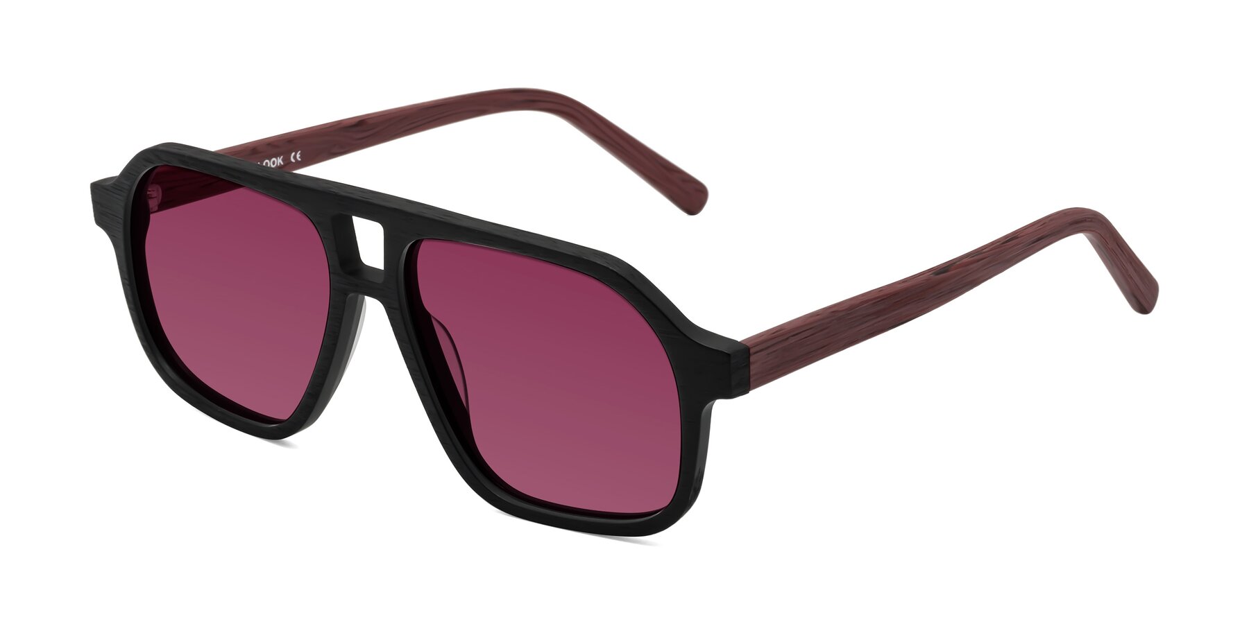 Angle of Edwood in Black-Burgundy Woodgrain with Wine Tinted Lenses