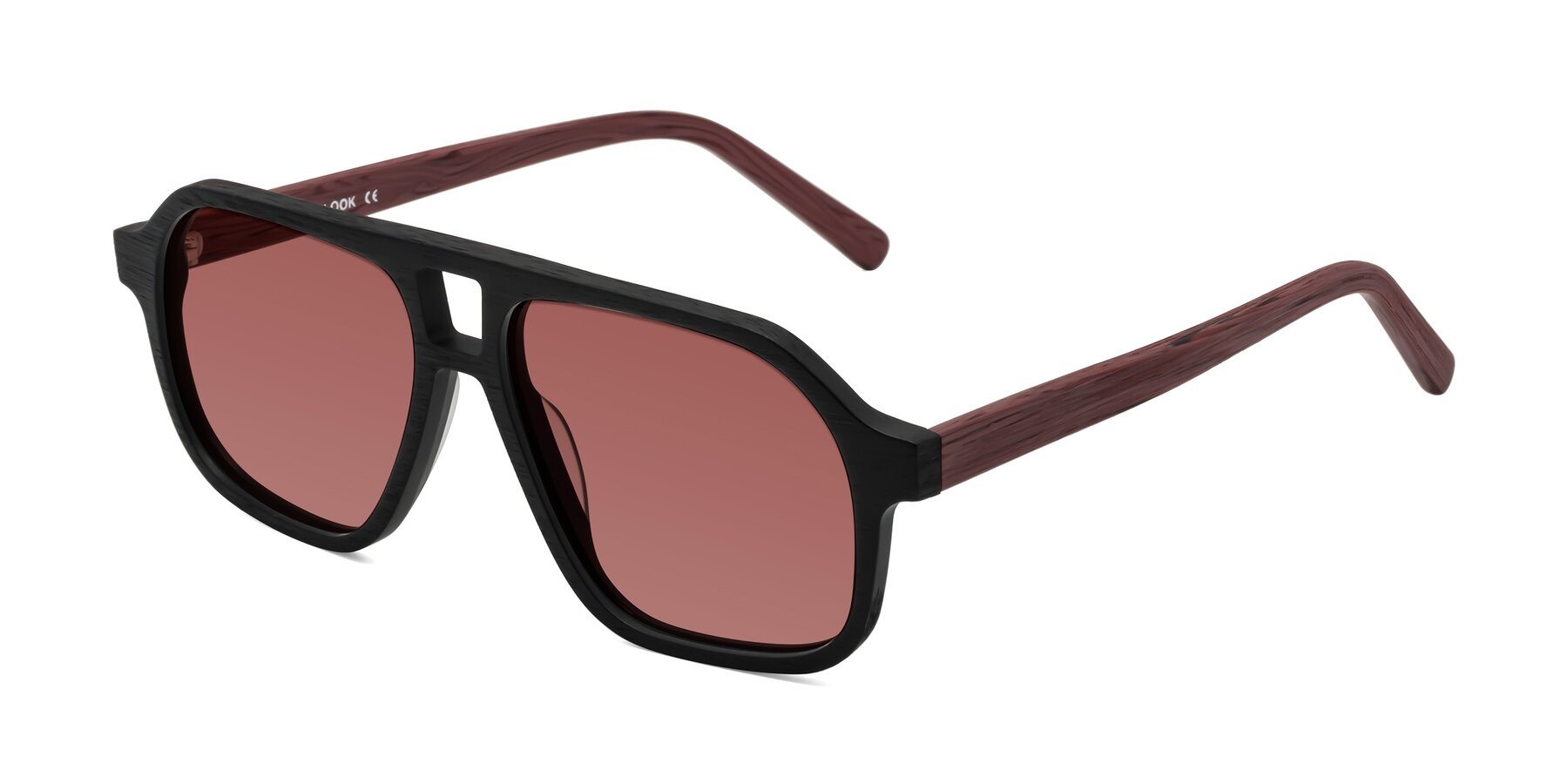 Angle of Edwood in Black-Burgundy Woodgrain with Garnet Tinted Lenses