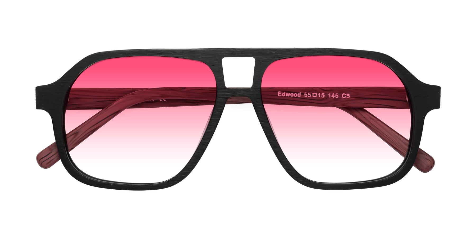 Folded Front of Edwood in Black-Burgundy Woodgrain with Pink Gradient Lenses