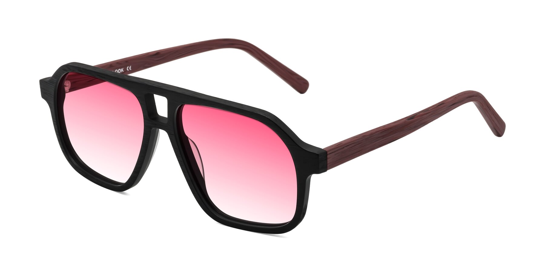 Angle of Edwood in Black-Burgundy Woodgrain with Pink Gradient Lenses