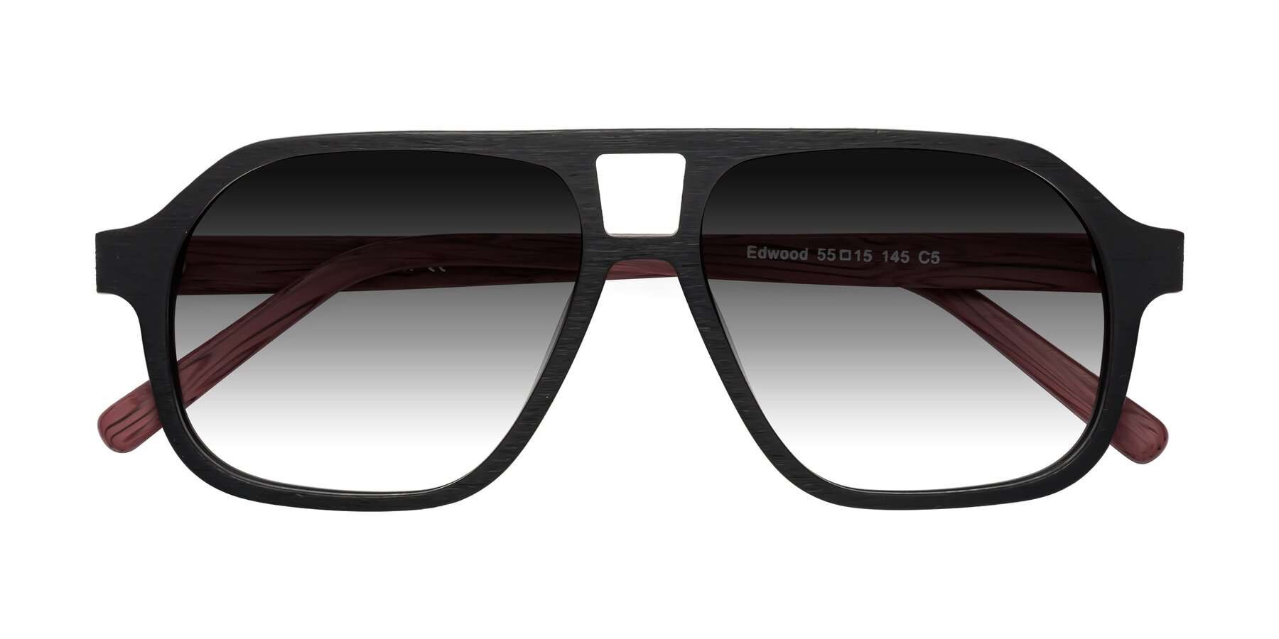 Folded Front of Edwood in Black-Burgundy Woodgrain with Gray Gradient Lenses