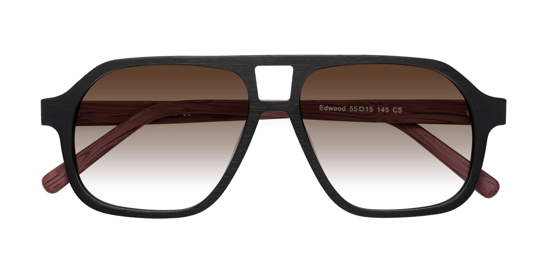 Folded Front of Edwood in Black-Burgundy Woodgrain with Brown Gradient Lenses