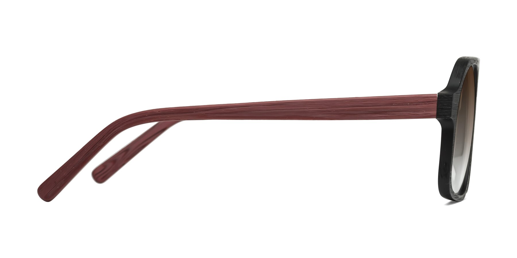 Side of Edwood in Black-Burgundy Woodgrain with Brown Gradient Lenses