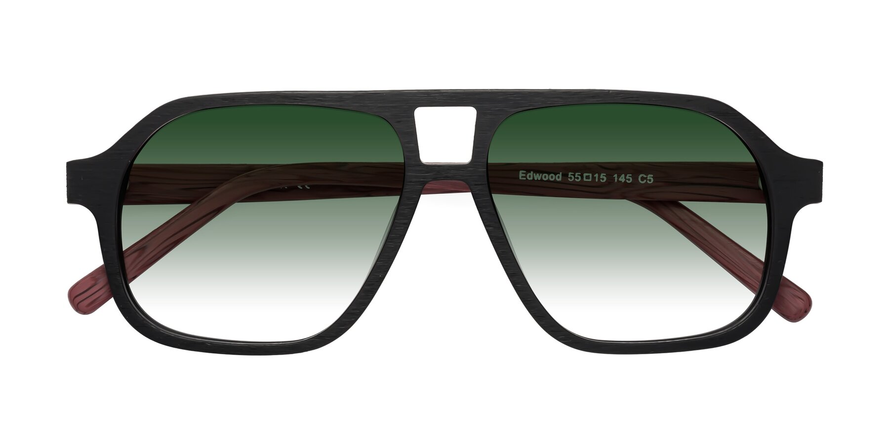 Folded Front of Edwood in Black-Burgundy Woodgrain with Green Gradient Lenses