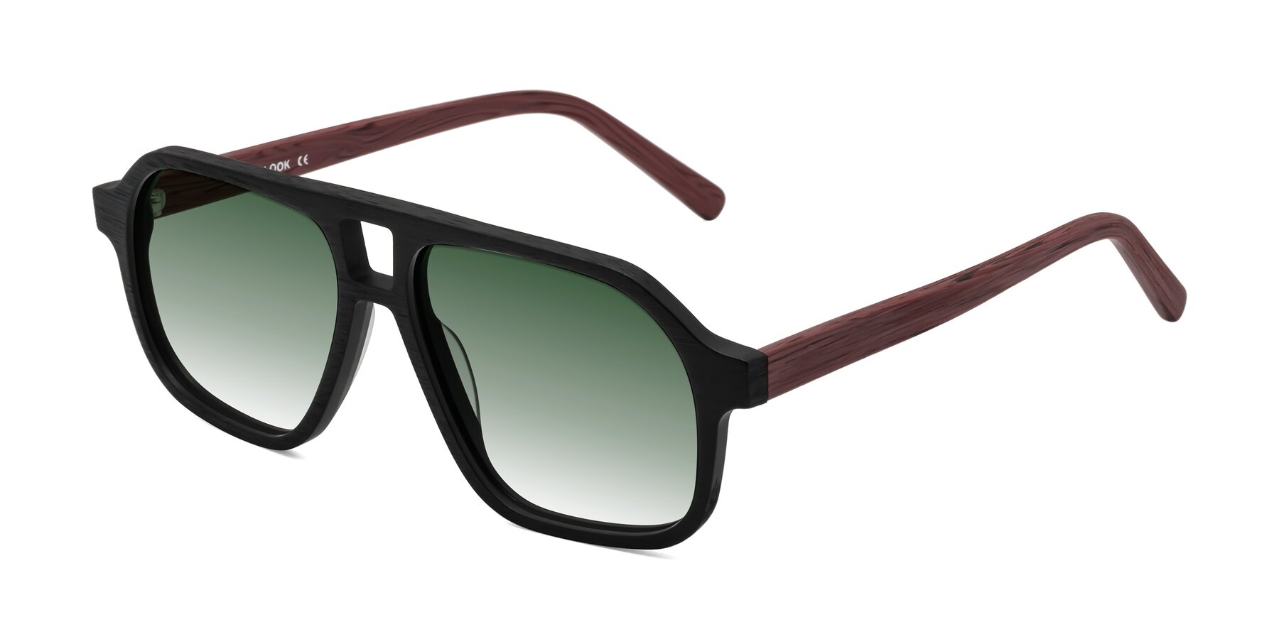 Angle of Edwood in Black-Burgundy Woodgrain with Green Gradient Lenses