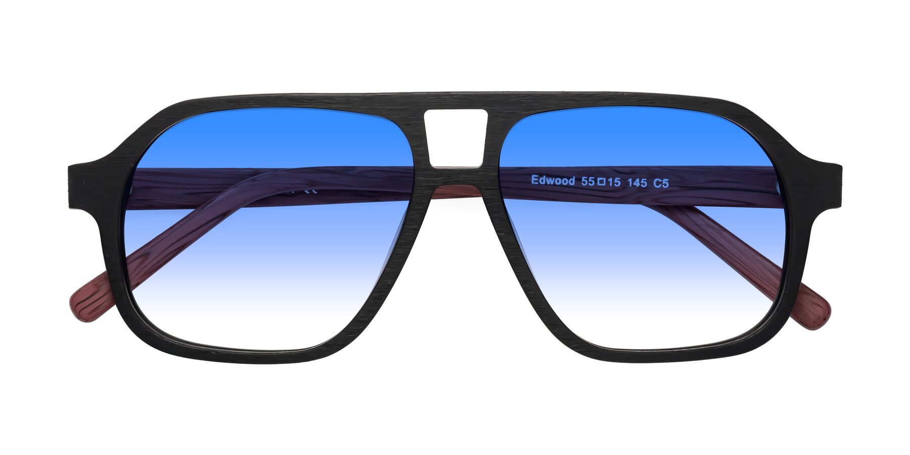 Folded Front of Edwood in Black-Burgundy Woodgrain with Blue Gradient Lenses