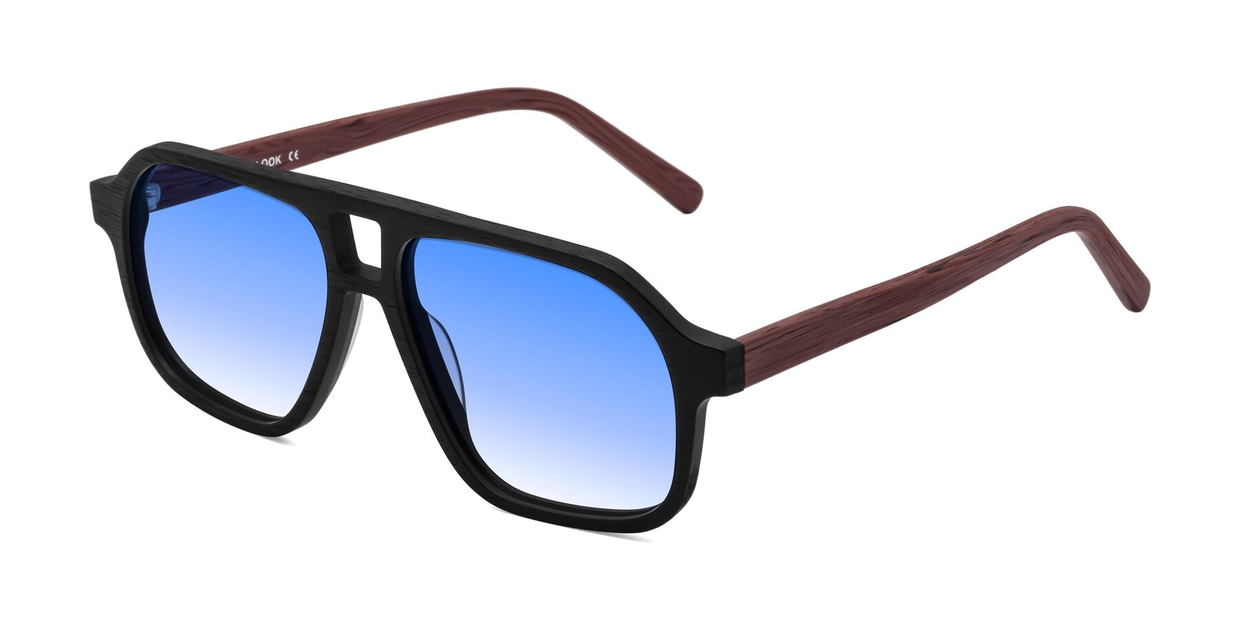 Angle of Edwood in Black-Burgundy Woodgrain with Blue Gradient Lenses