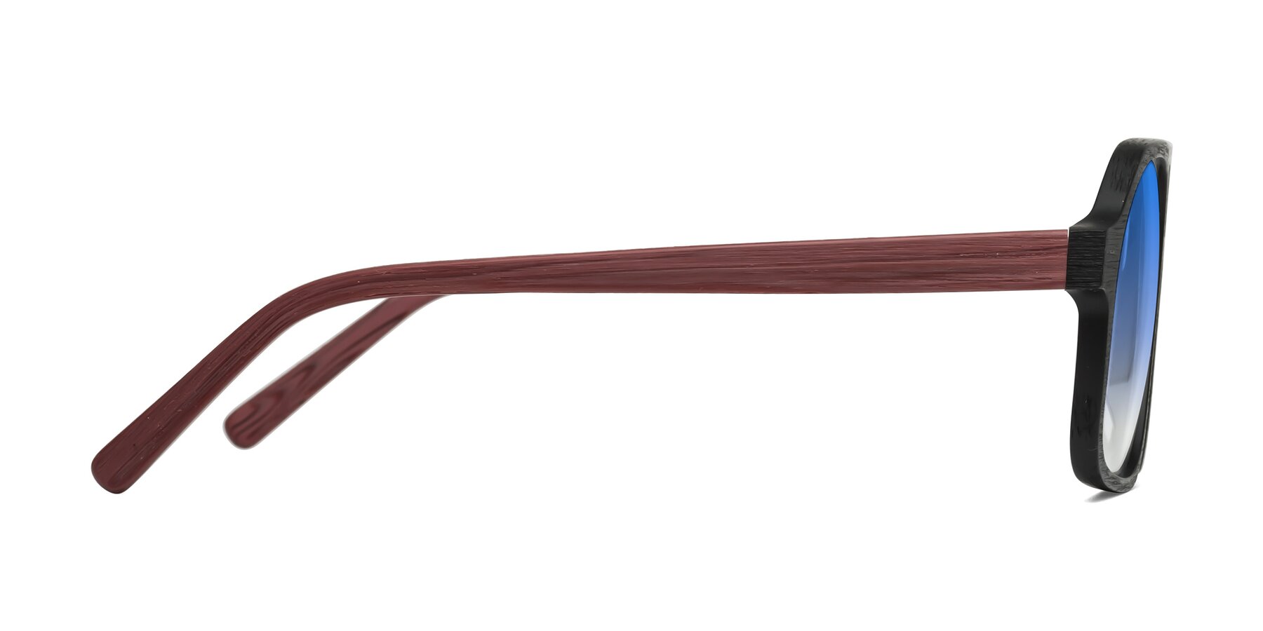 Side of Edwood in Black-Burgundy Woodgrain with Blue Gradient Lenses