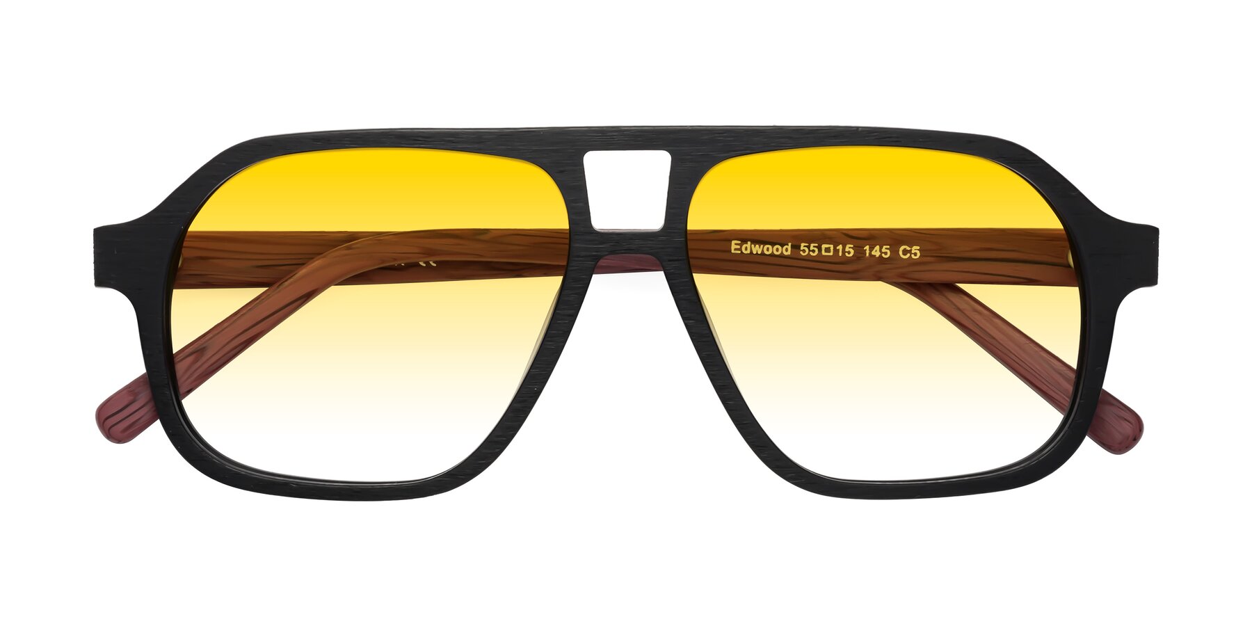 Folded Front of Edwood in Black-Burgundy Woodgrain with Yellow Gradient Lenses