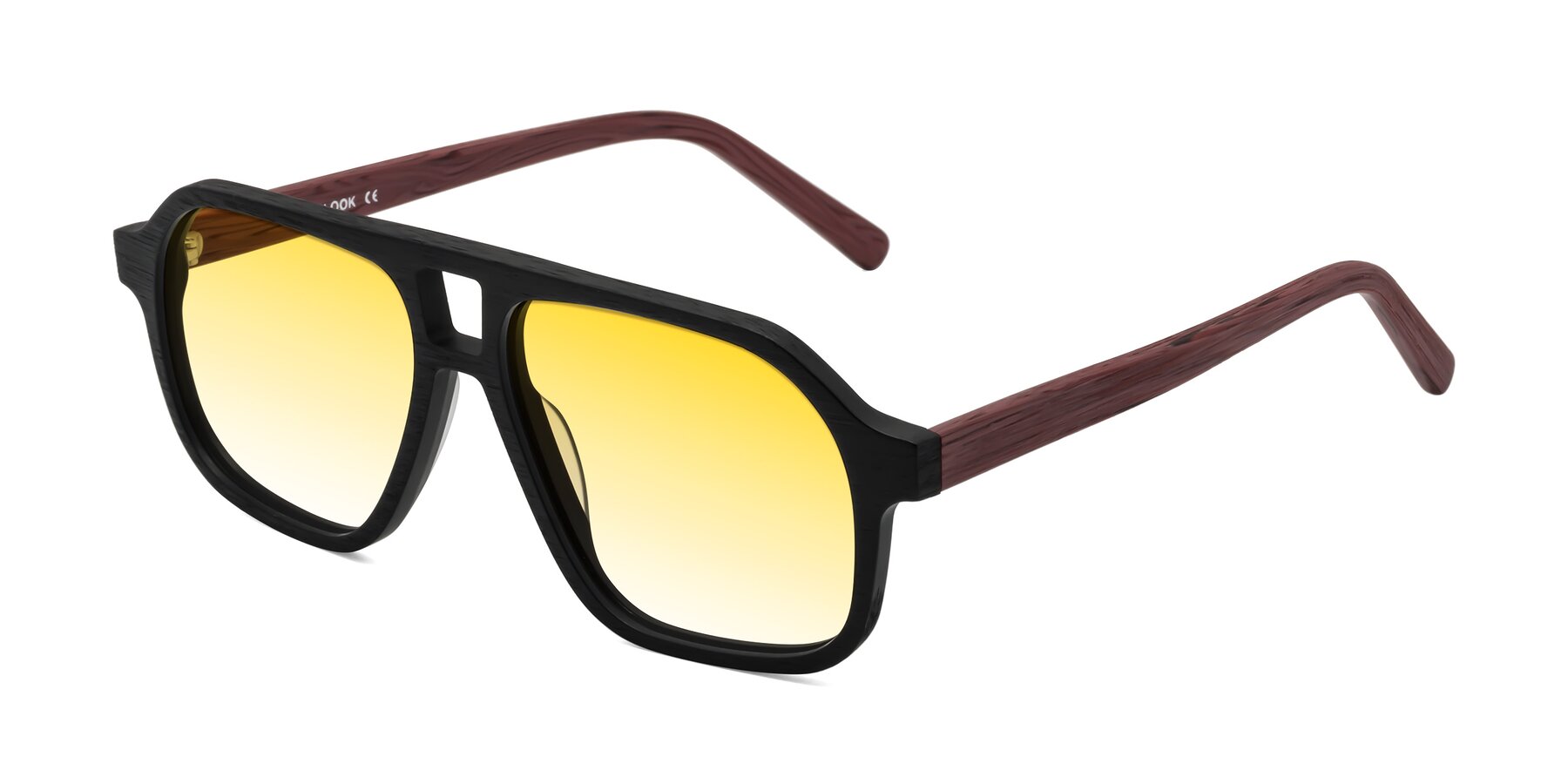 Angle of Edwood in Black-Burgundy Woodgrain with Yellow Gradient Lenses