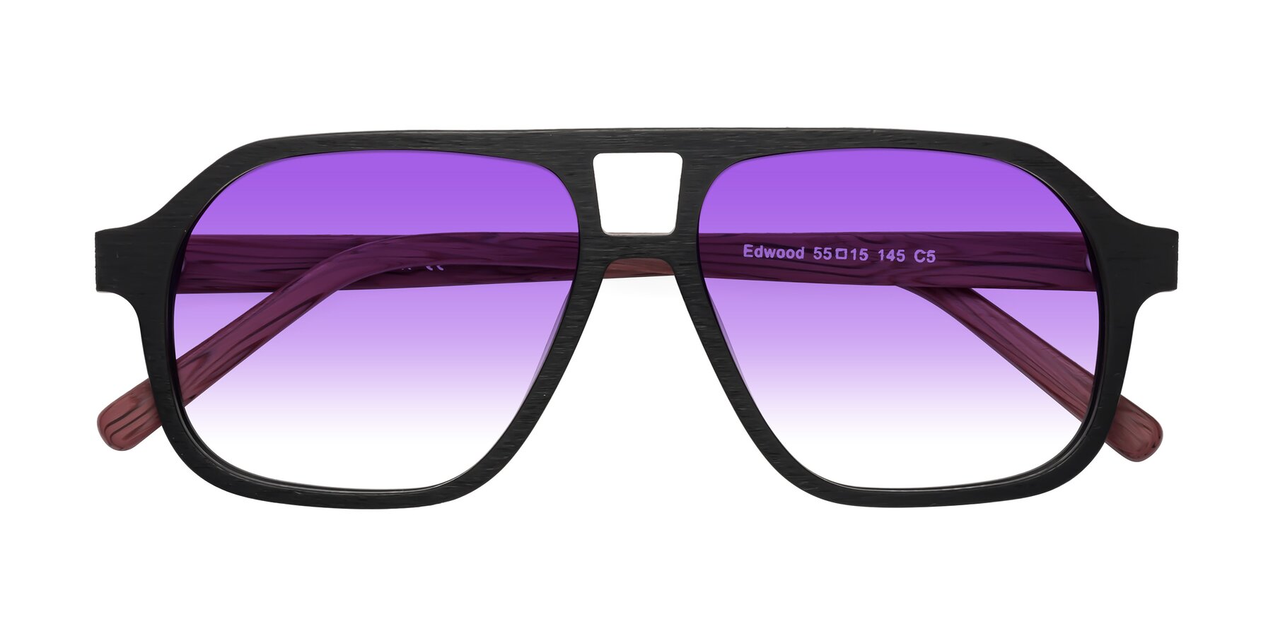 Folded Front of Edwood in Black-Burgundy Woodgrain with Purple Gradient Lenses