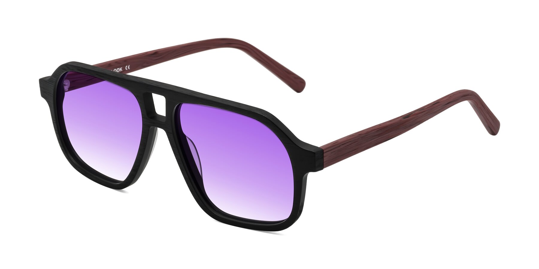 Angle of Edwood in Black-Burgundy Woodgrain with Purple Gradient Lenses