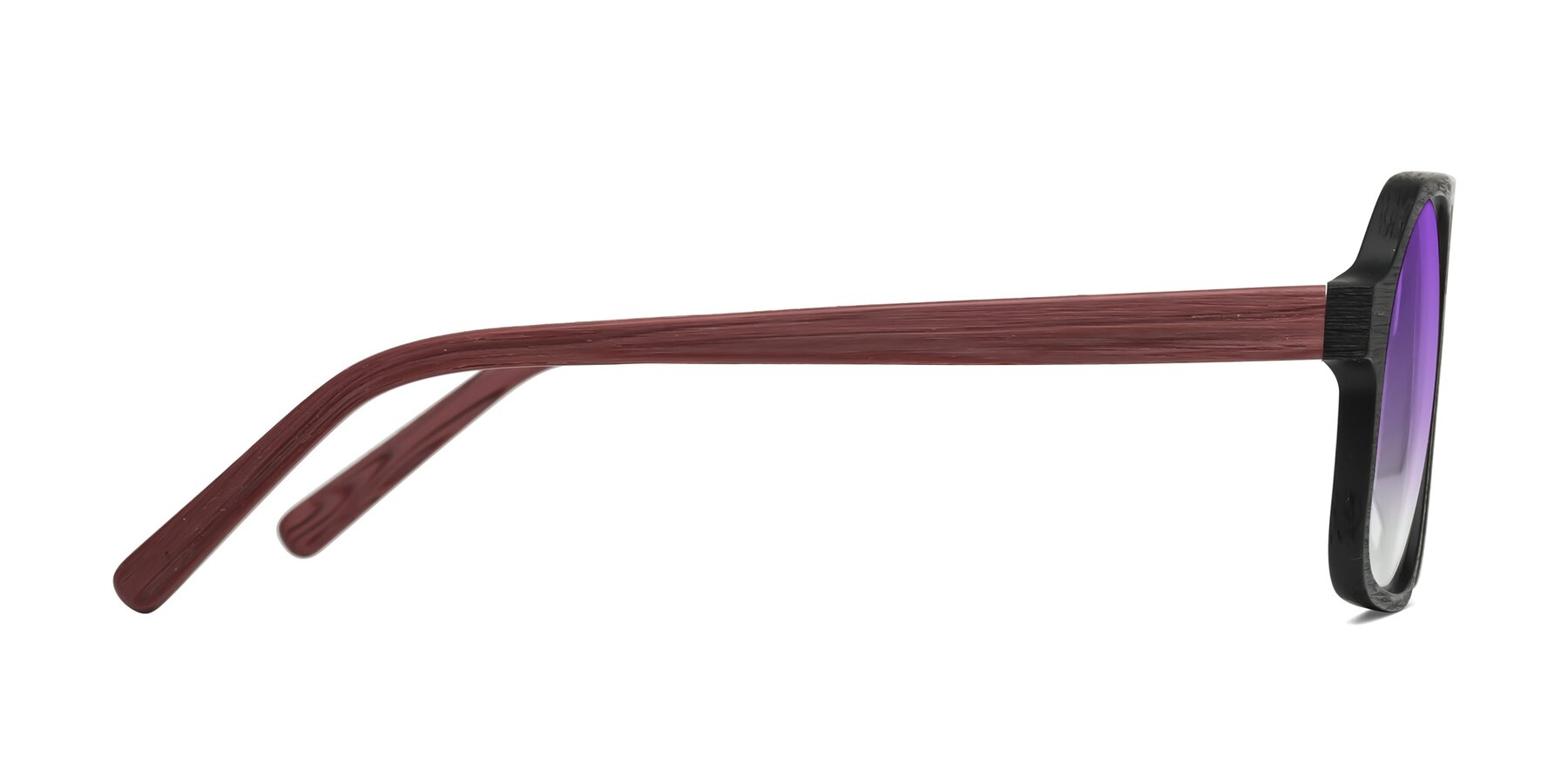 Side of Edwood in Black-Burgundy Woodgrain with Purple Gradient Lenses