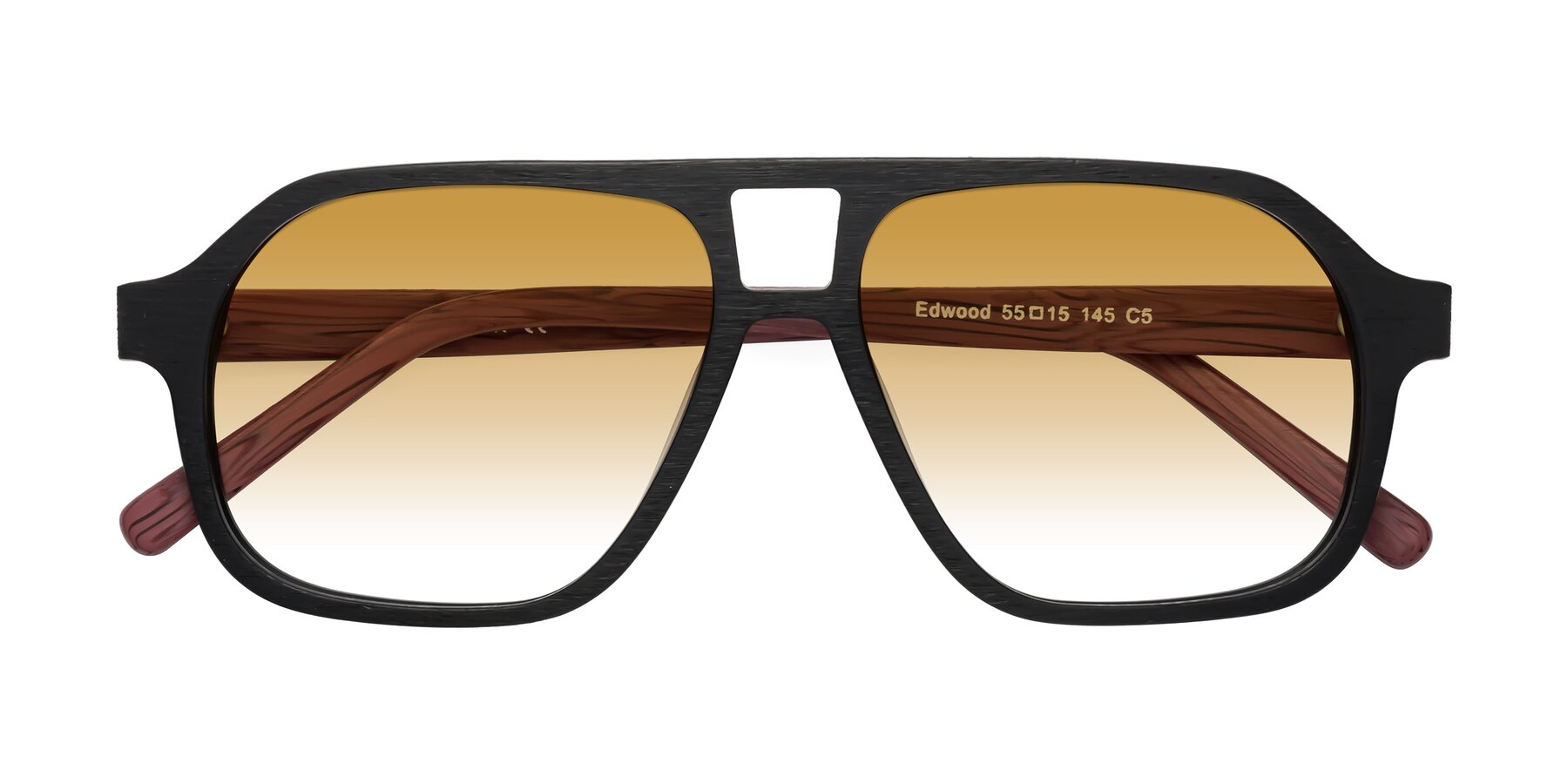 Folded Front of Edwood in Black-Burgundy Woodgrain with Champagne Gradient Lenses