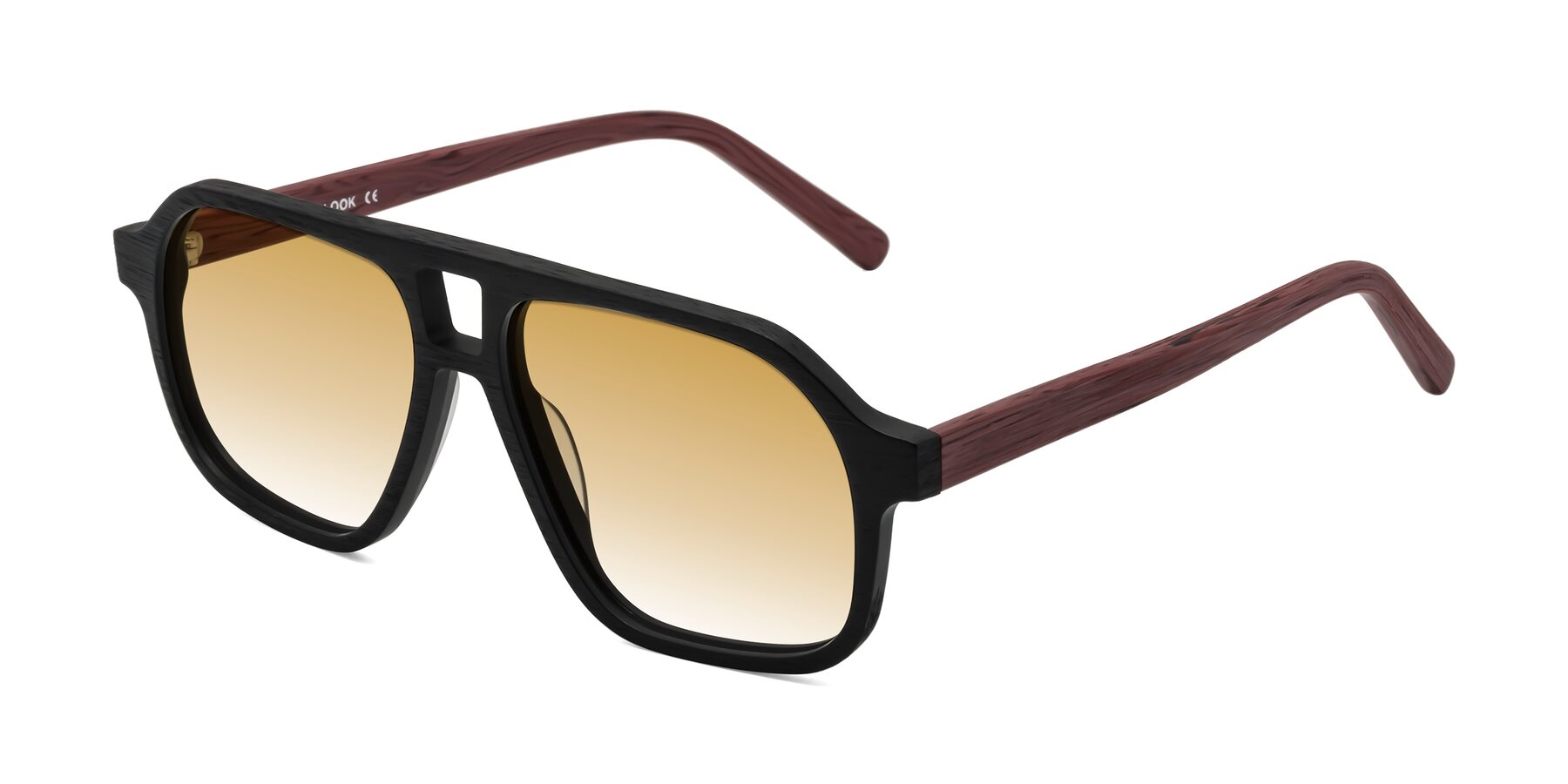 Angle of Edwood in Black-Burgundy Woodgrain with Champagne Gradient Lenses