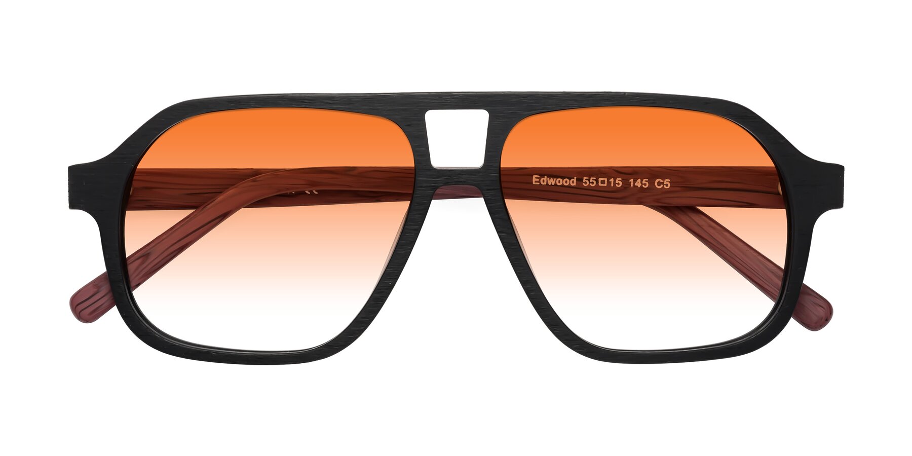 Folded Front of Edwood in Black-Burgundy Woodgrain with Orange Gradient Lenses