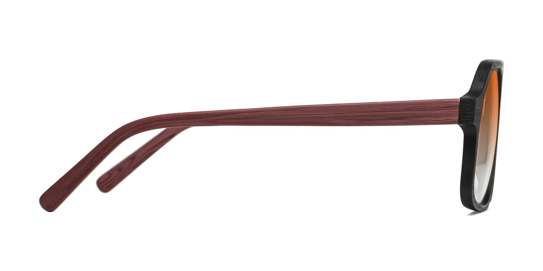 Side of Edwood in Black-Burgundy Woodgrain with Orange Gradient Lenses