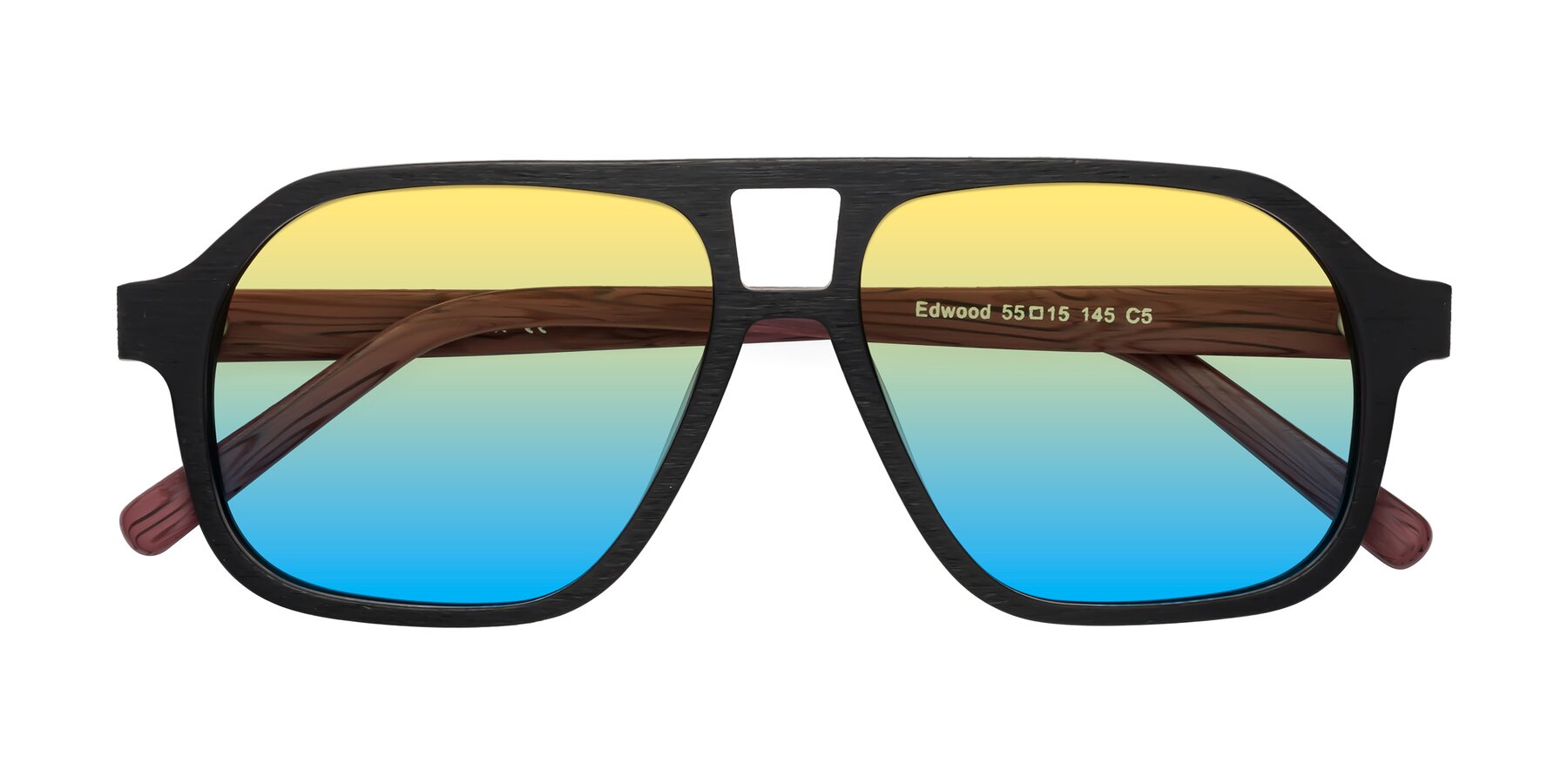 Folded Front of Edwood in Black-Burgundy Woodgrain with Yellow / Blue Gradient Lenses