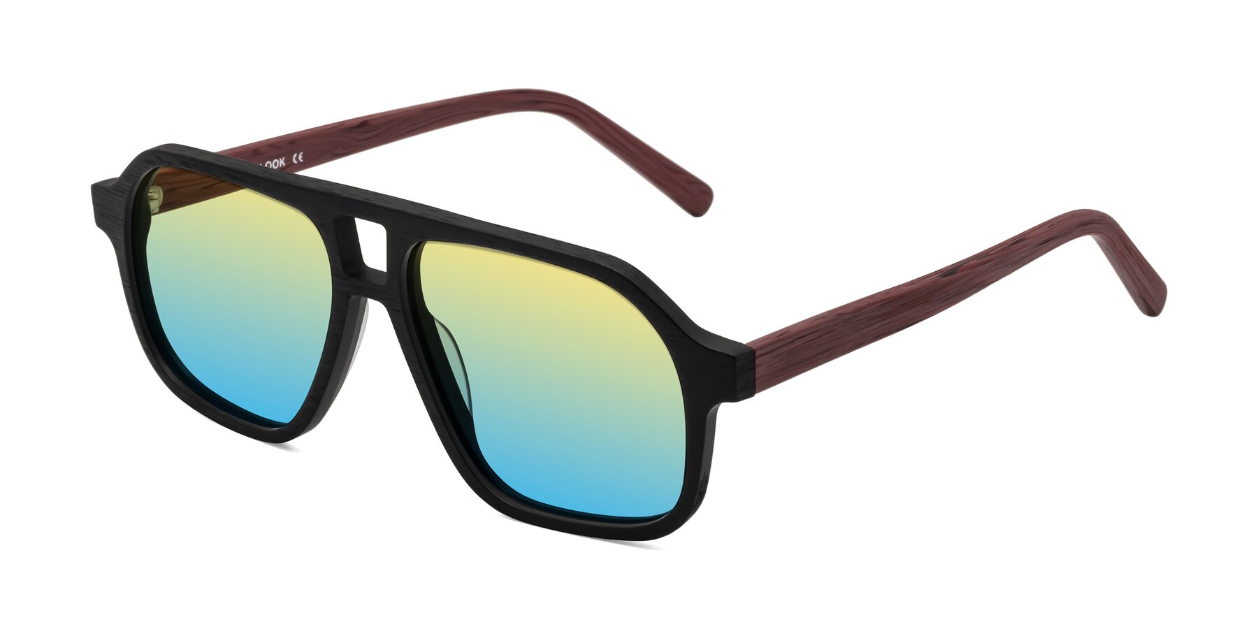 Angle of Edwood in Black-Burgundy Woodgrain with Yellow / Blue Gradient Lenses