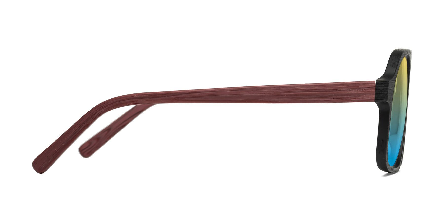 Side of Edwood in Black-Burgundy Woodgrain with Yellow / Blue Gradient Lenses