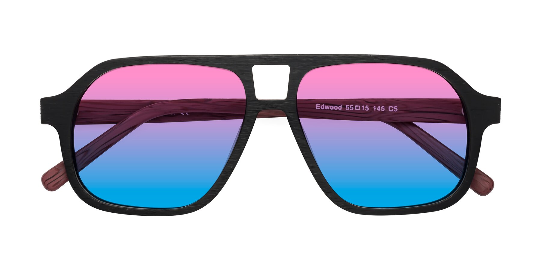 Folded Front of Edwood in Black-Burgundy Woodgrain with Pink / Blue Gradient Lenses