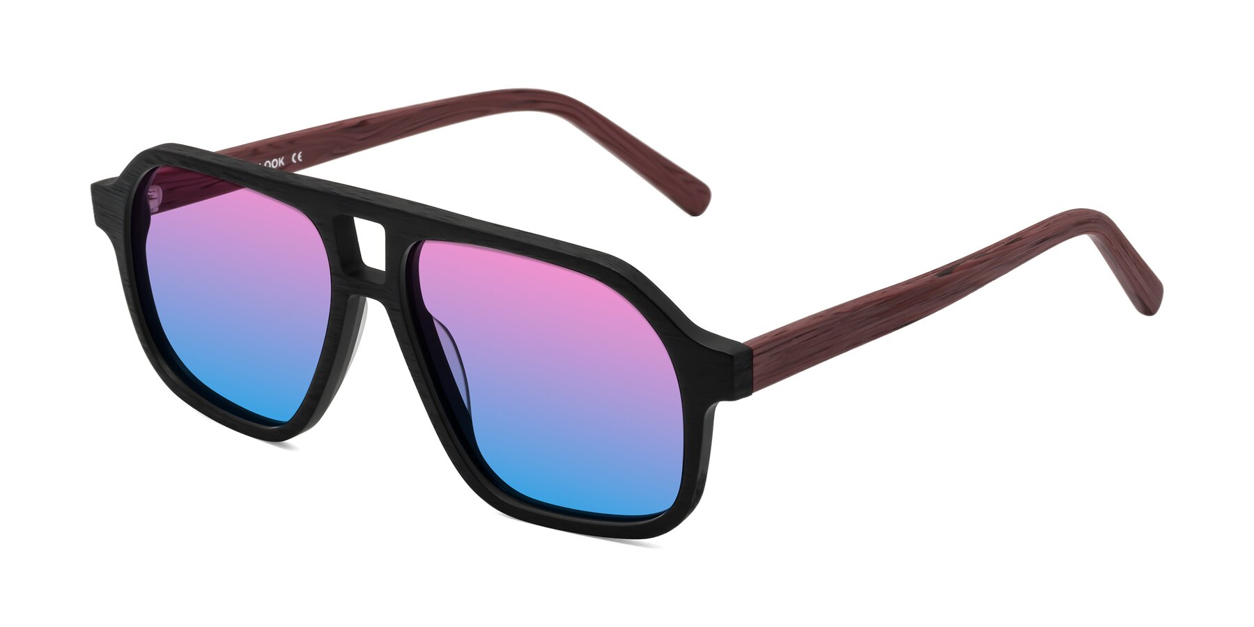 Angle of Edwood in Black-Burgundy Woodgrain with Pink / Blue Gradient Lenses